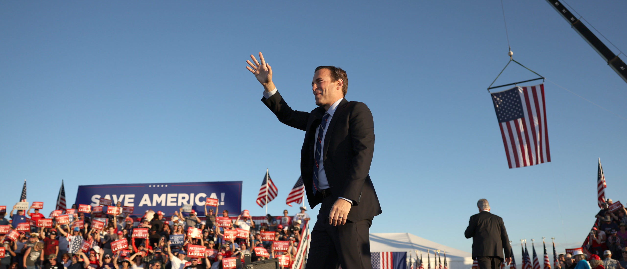 MINDEN, NEVADA - OCTOBER 08: Nevada Republican U.S. Senate candidate Adam Laxalt greets supporters during a campaign rally at Minden-Tahoe Airport on October 08, 2022 in Minden, Nevada. (Photo by Justin Sullivan/Getty Images)