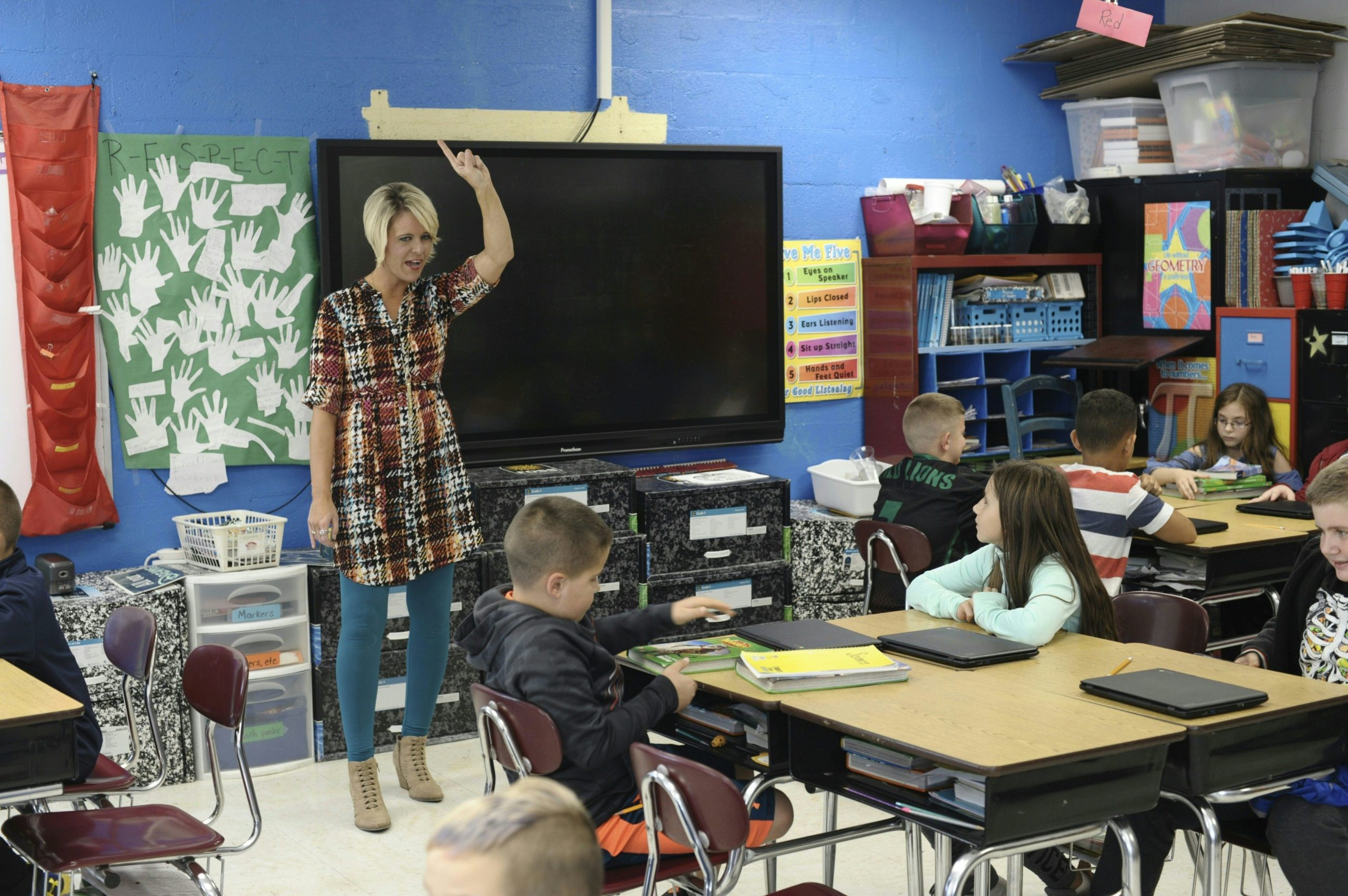 Amy Grady, who is running as an independent for a seat in the West Virginia state Senate, teaches in her classroom at Leon Elementary October 18, 2018 in Leon, West Virginia. - Teachers like Amy Grady successfully went on strike this year across West Virginia demanding better health care and higher pay, and now she hopes to give state legislators a lesson, by winning a state senate seat. With labor activism catching fire and spreading to multiple US states, a record number of teachers -- 1,455 current and former educators, according to the National Education Association -- are running for office in the November 6 midterm elections. (Photo by MICHAEL MATHES / AFP) / With AFP Story by Michael MATHES: From picket lines to polls, US teachers eye political office (Photo credit should read MICHAEL MATHES/AFP via Getty Images)