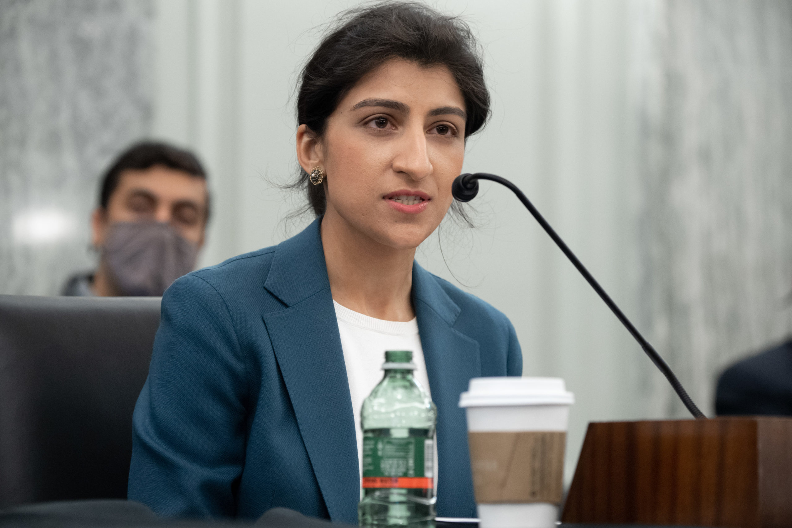 WASHINGTON, DC - APRIL 21: Lina Khan, then-nominee for Commissioner of the Federal Trade Commission (FTC), speaks at a Senate Committee on Commerce, Science, and Transportation confirmation hearing on Capitol Hill on April 21, 2021 in Washington, DC. Khan is an associate professor at Columbia Law School. (Photo by Saul Loeb-Pool/Getty Images)