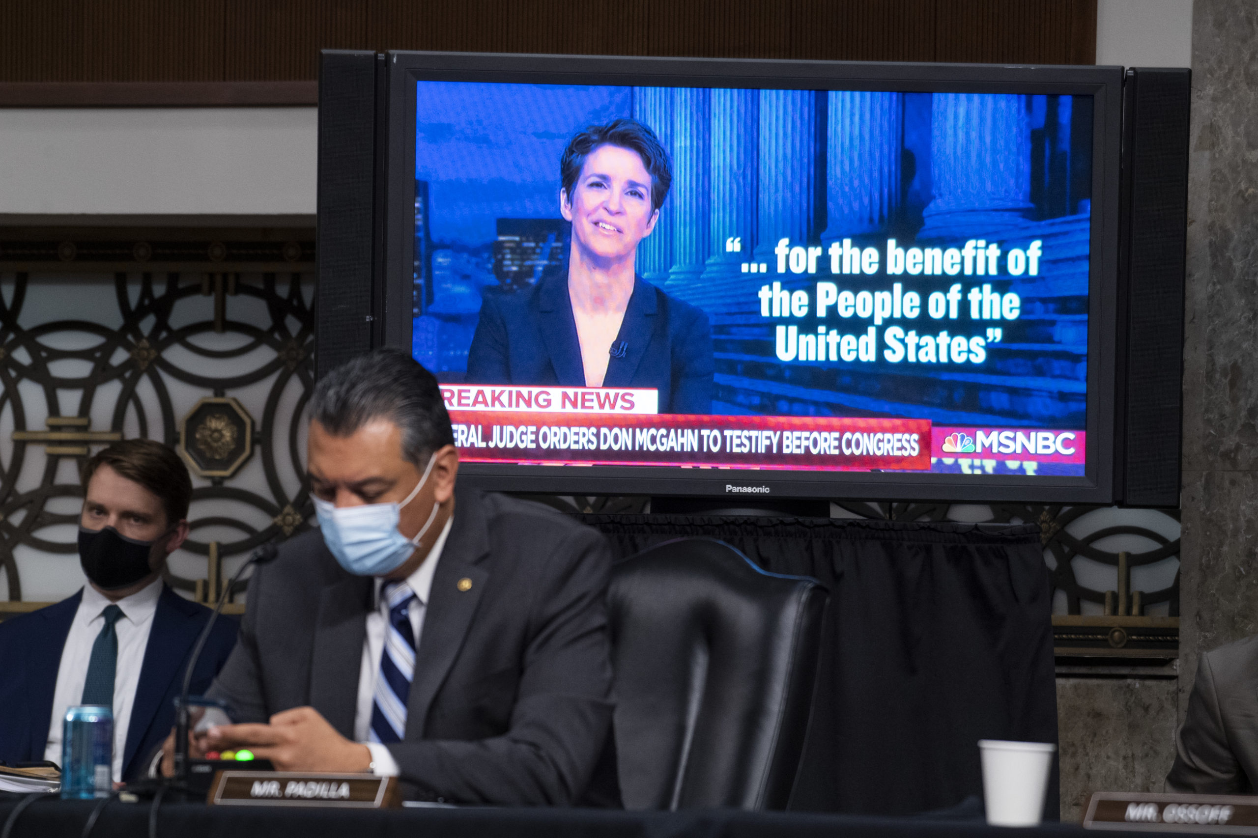 WASHINGTON, DC - APRIL 28: A clip from the Rachel Maddow Show is played during the Senate Judiciary Committee confirmation hearing in Dirksen Senate Office Building on April 28, 2021 in Washington, DC. Ketanji Brown Jackson, nominee to be U.S. Circuit Judge for the District of Columbia Circuit, and Candace Jackson-Akiwumi, nominee to be U.S. Circuit Judge for the Seventh Circuit, testified on the first panel. (Photo By Tom Williams-Pool/Getty Images)