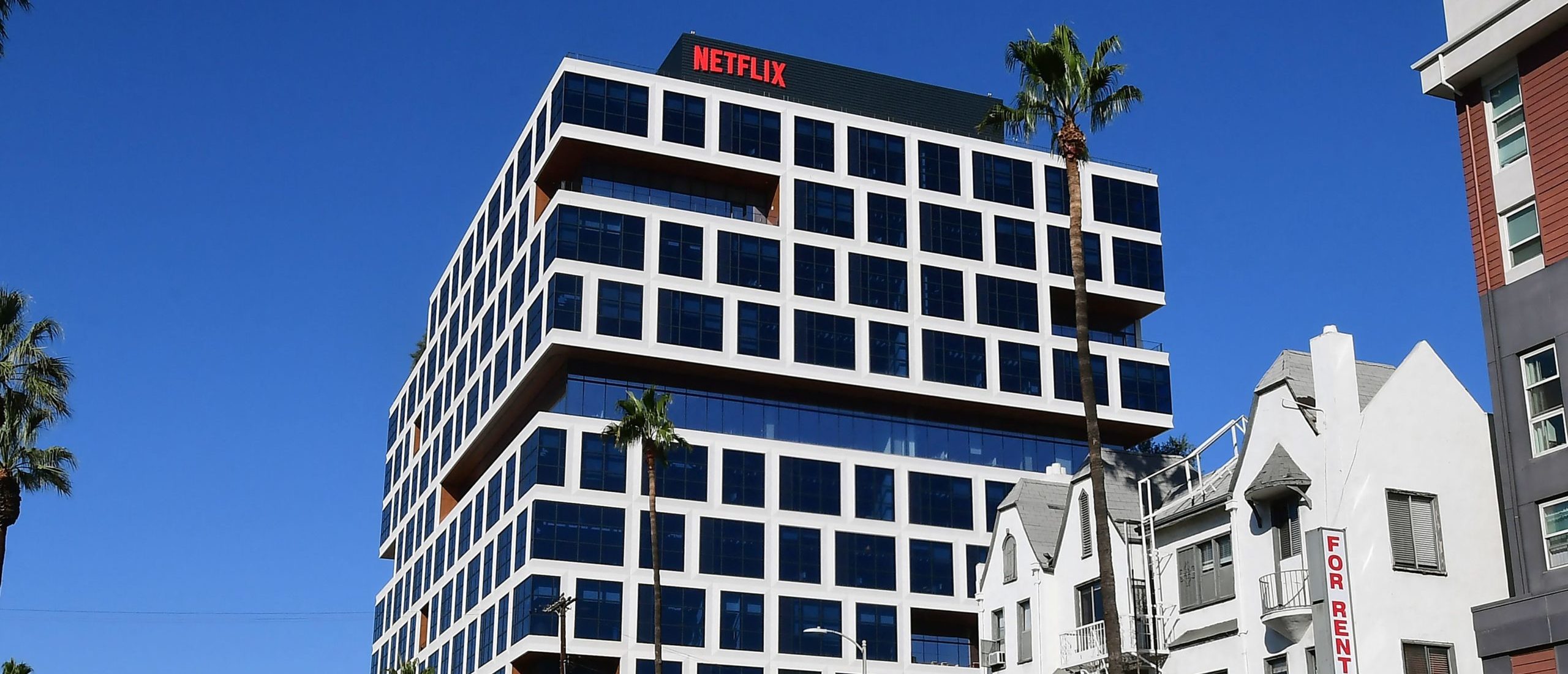 The Netflix building on Sunset Boulevard is pictured where a rally in support of the Netflix transgender walkout was due to begin but eventually moved to a different location on October 20, 2021 in Los Angeles, California . - Netflix bosses braced for an employee walkout and rally in Los Angeles on October 20, 2021 as anger swelled over a new Dave Chappelle comedy special that activists say is harmful to the transgender community. (Photo by Frederic J. BROWN / AFP) (Photo by FREDERIC J. BROWN/AFP via Getty Images)