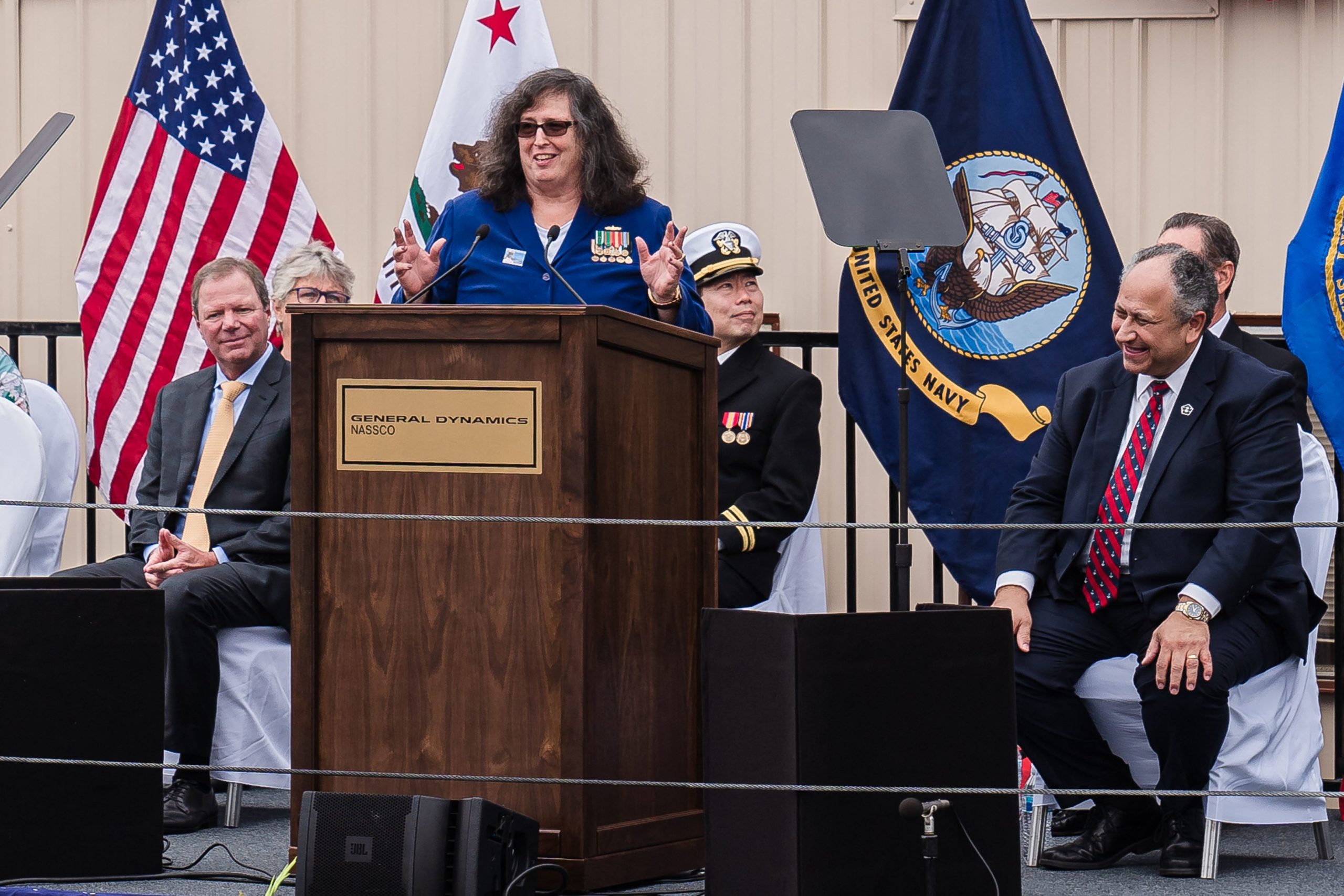 Paula M. Neira, Clinical Program Director, John Hopkins Center for Transgender Health speaks during the ceremonial address for the USNS Harvey Milk at General Dynamics NASSCO shipyard in San Diego, California on November 6, 2021. - One of the first openly gay politicians in the United States, who was assassinated four decades ago, will have a ship named after him this weekend, as the US military looks to keep step with modern-day social attitudes. The USNS Harvey Milk honours a former navy diver who served at a time there was a ban on homosexuality in the armed forces, and who was later shot dead in San Francisco, months after winning public office. 