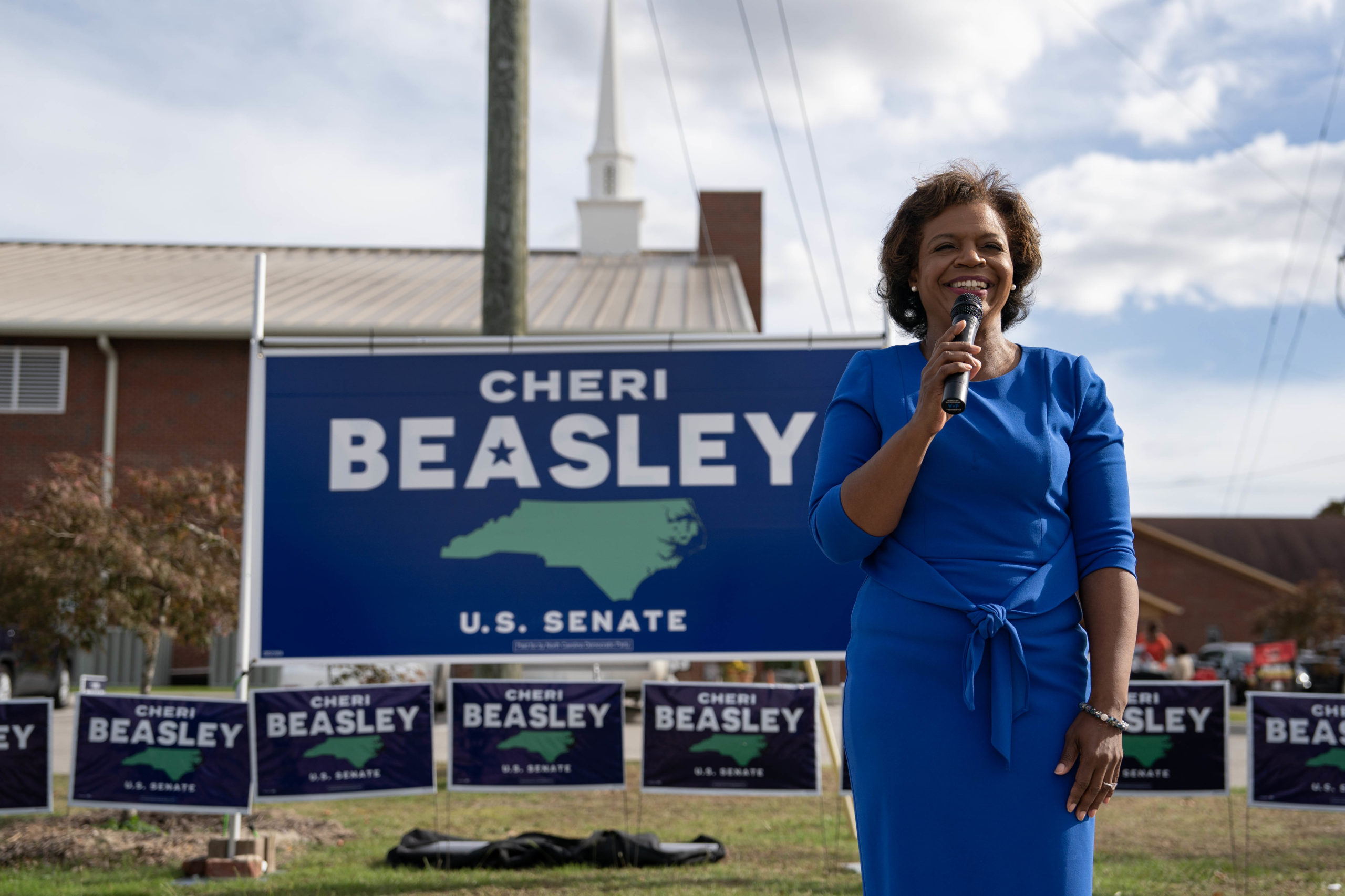 FAYETTEVILLE, NC - NOVEMBER 06: Democratic U.S. Senate candidate Cheri Beasley speaks to supporters at the Cumberland County Cookout and Canvass Launch event on November 6, 2022 in Fayetteville, North Carolina. Beasley faces U.S. Rep. Ted Budd (R-NC) in the November general election, which will be held on November 8th. (Photo by Allison Joyce/Getty Images)