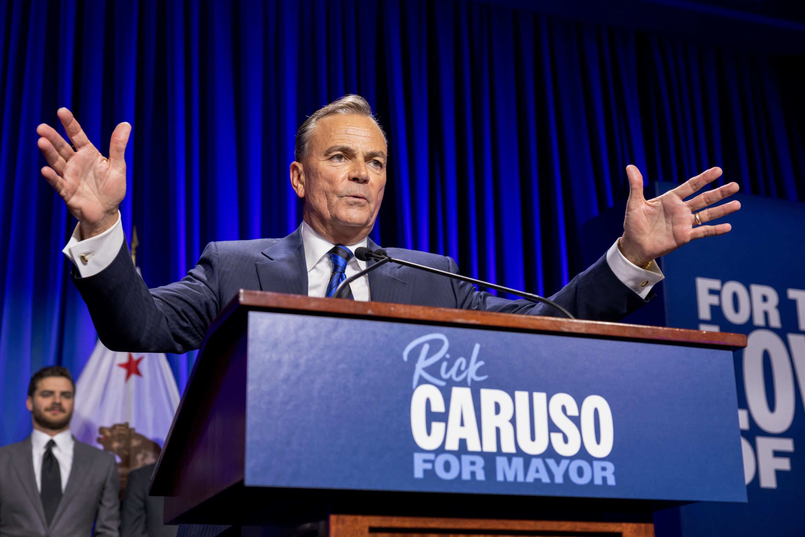 LOS ANGELES, CA - NOVEMBER 08: Los Angeles mayoral candidate Rick Caruso speaks to supporters during an election night party on November 8, 2022 in Los Angeles, California. Caruso is in a tight race against U.S. Rep. Karen Bass (D-CA). (Photo by David McNew/Getty Images)