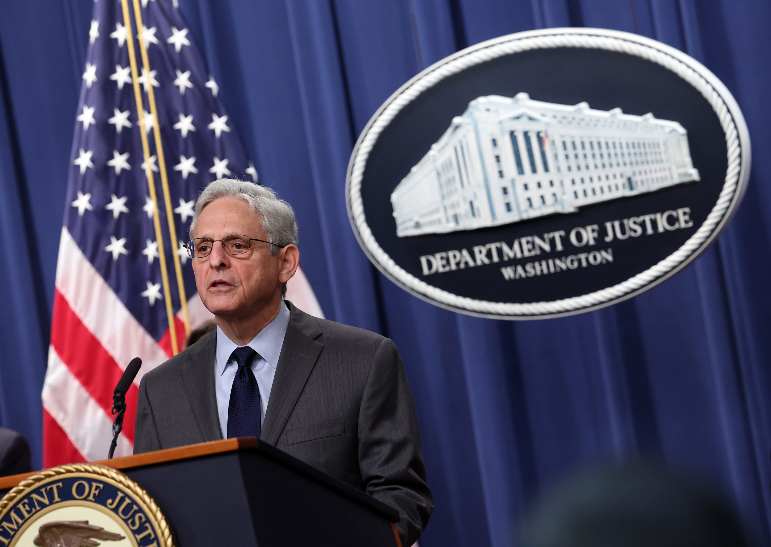 WASHINGTON, DC - OCTOBER 24: U.S. Attorney General Merrick Garland speaks at a press conference at the U.S. Department of Justice on on October 24, 2022 in Washington, DC. The Justice Department announced it has charged 13 individuals, including members of the Chinese intelligence and their agents, for alleged efforts to unlawfully exert influence in the United States for the benefit of the government of China. (Photo by Kevin Dietsch/Getty Images)
