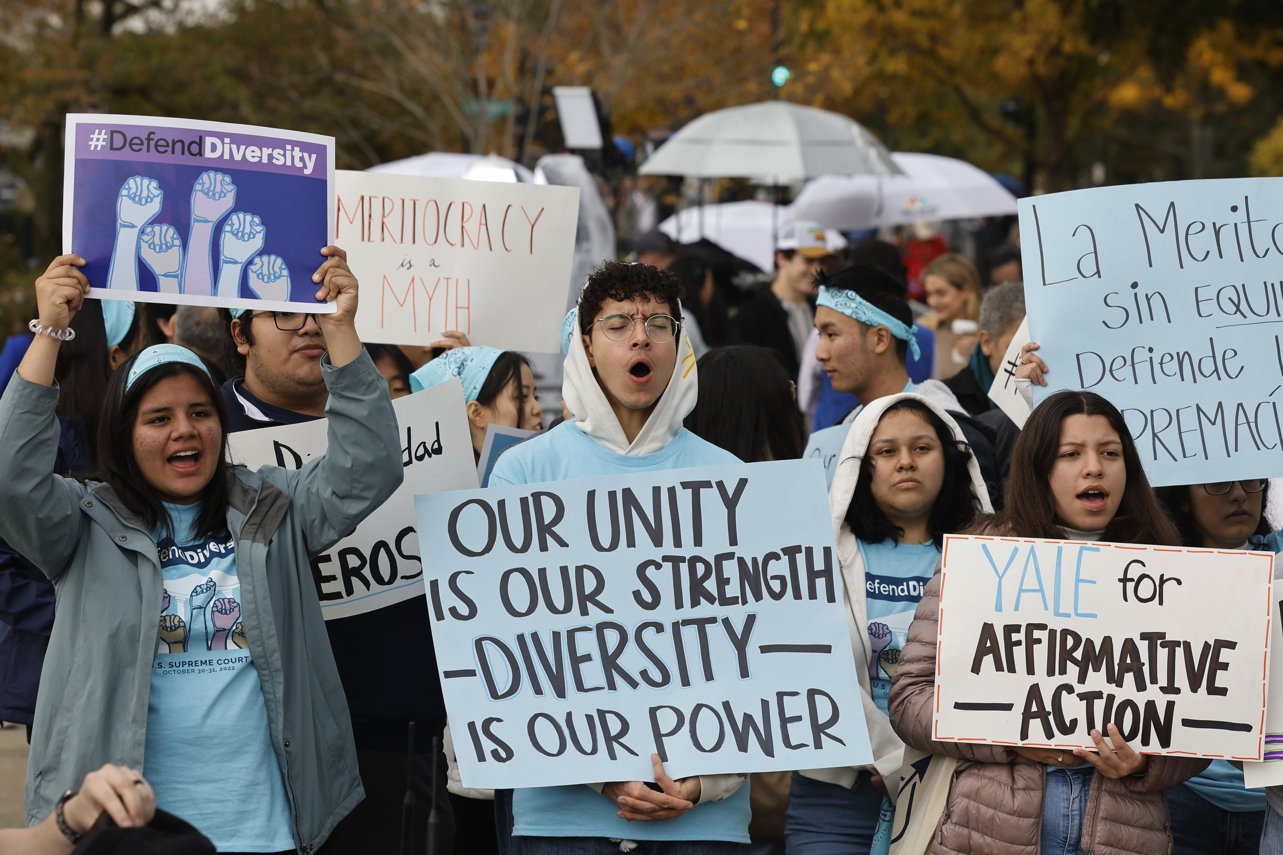 Proponents for affirmative action in higher education rally in front of the U.S. Supreme Court on October 31, 2022 in Washington, DC. The Court will hear arguments in two cases, Students for Fair Admissions v. President and Fellows of Harvard College and Students for Fair Admissions v. University of North Carolina, regarding the consideration of race as one factor in college admission at the two elite universities, which will have an effect on most institutions of higher education in the United States. (Photo by Chip Somodevilla/Getty Images)