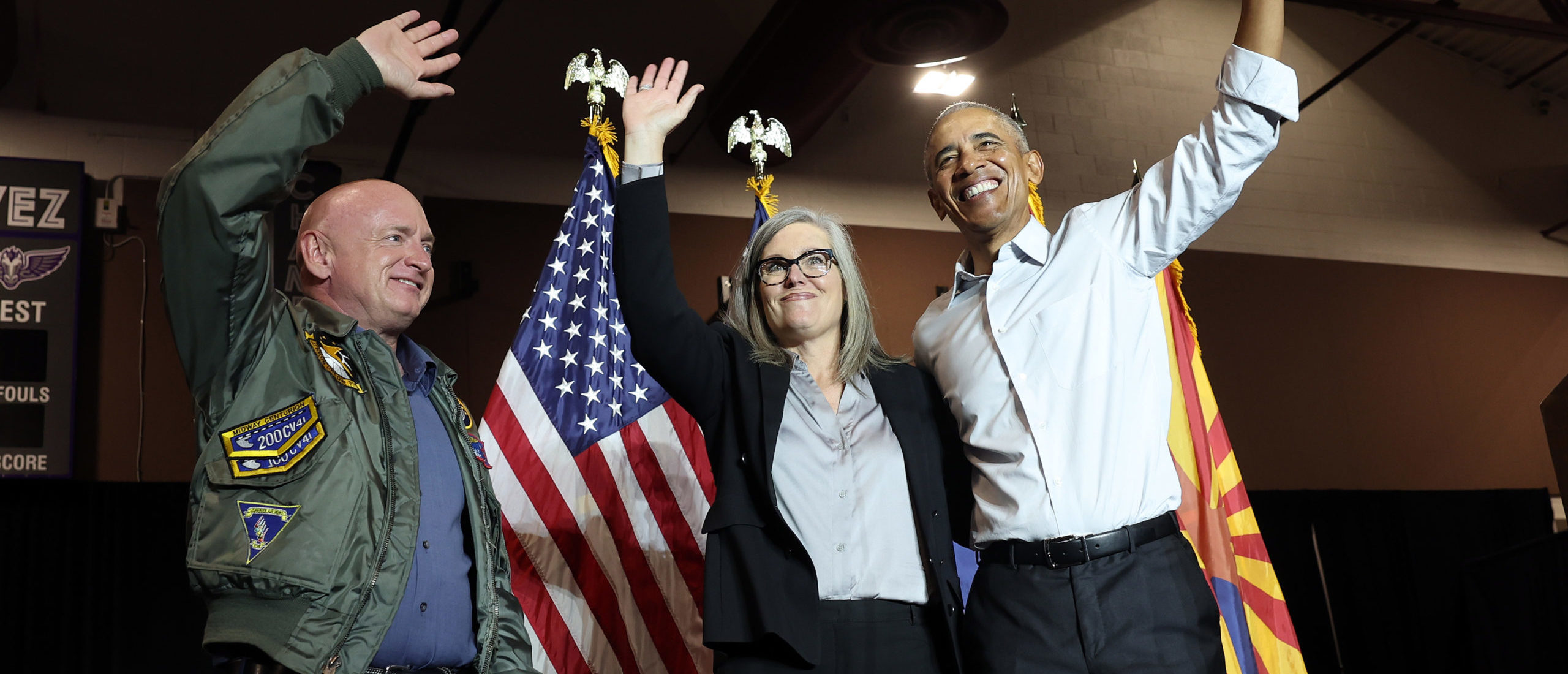 PHOENIX, ARIZONA - NOVEMBER 02: Former U.S. President Barack Obama campaigns with Sen. Mark Kelly (D-AZ) and Democratic Governor nominee Katie Hobbs at Cesar Chavez High School on November 02, 2022 in Phoenix, Arizona. Obama campaigned for a group of Arizona Democrats who are in very tight midterm races. (Photo by Kevin Dietsch/Getty Images)