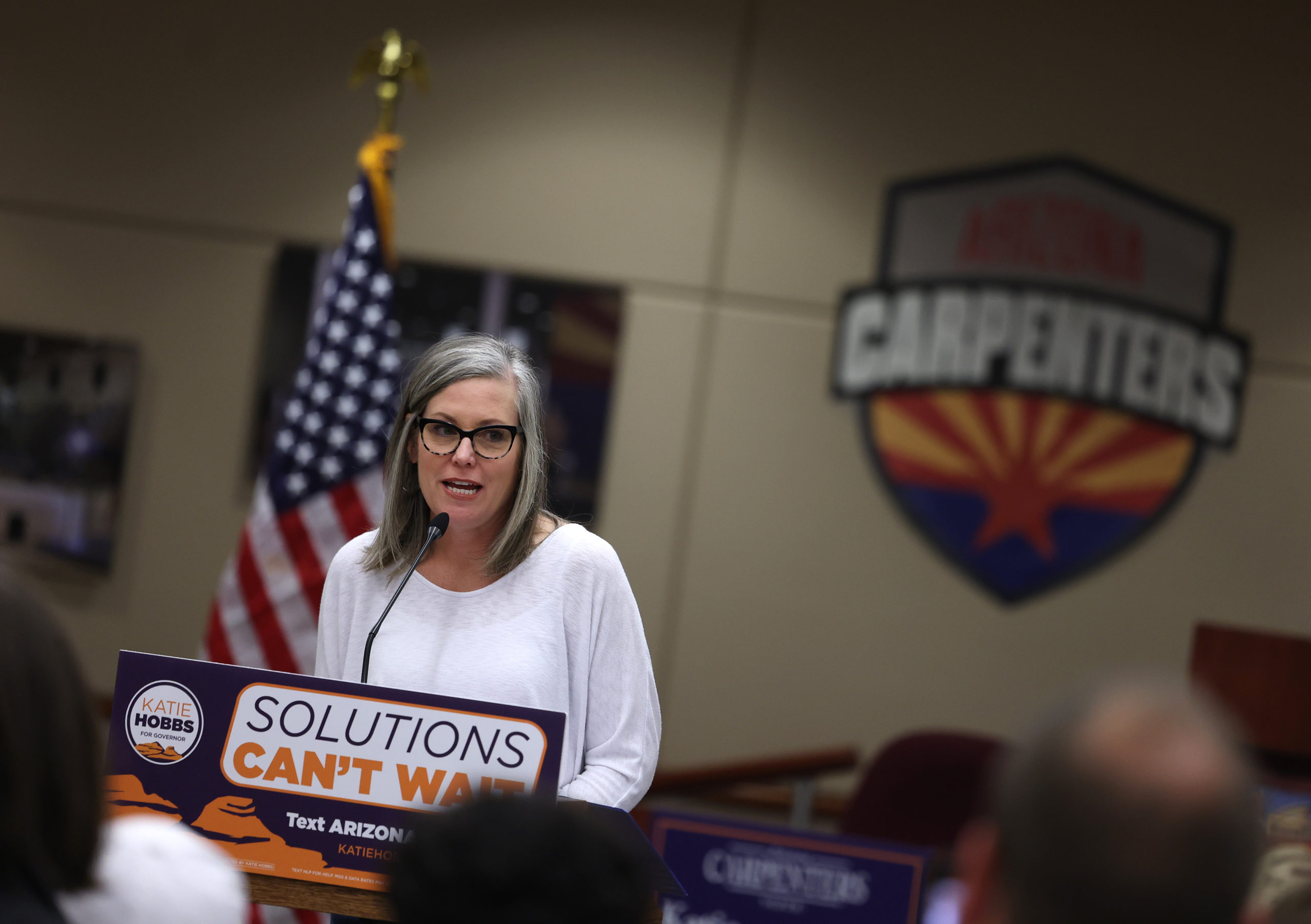 PHOENIX, ARIZONA - NOVEMBER 05: Arizona Democratic gubernatorial candidate Katie Hobbs speaks at a campaign event at the Carpenters Local Union 1912 headquarters on November 05, 2022 in Phoenix, Arizona. With three days to go before election day, Arizona democratic gubernatorial candidate Katie Hobbs continues to campaign across the state as she faces a tight race against Trump endorsed republican candidate Kari Lake. (Photo by Kevin Dietsch/Getty Images)