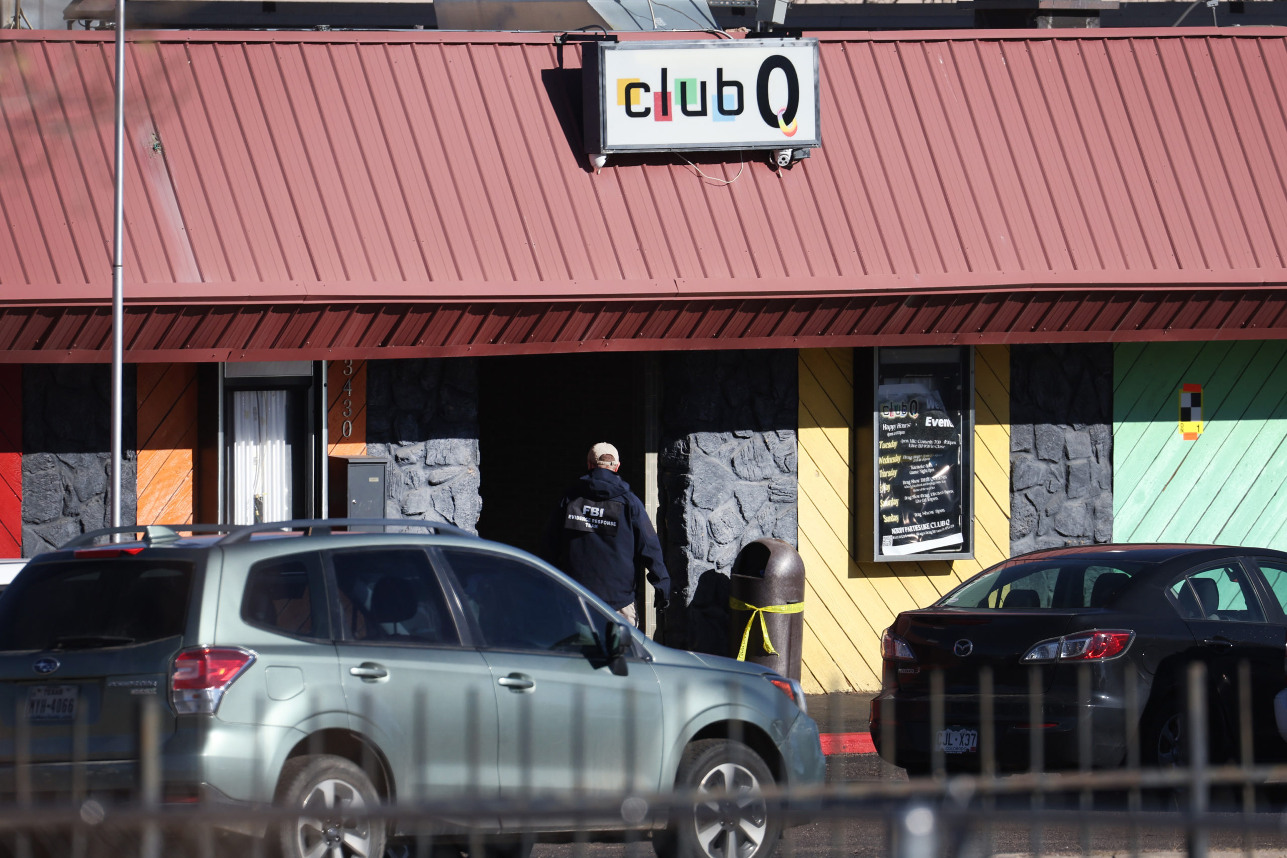 COLORADO SPRINGS, COLORADO - NOVEMBER 21: Law enforcement officials continue their investigation into Saturday's shooting at the Club Q nightclub on November 21, 2022 in Colorado Springs, Colorado. On Saturday evening, a 22-year-old gunman entered the LGBTQ nightclub opened fire, killing at least five people and injuring 25 others before being stopped by club patrons. (Photo by Scott Olson/Getty Images)