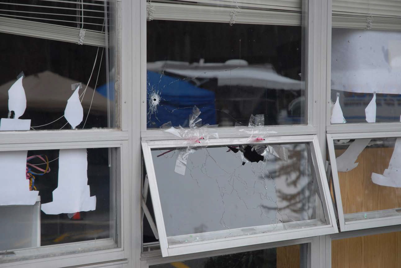 NEWTOWN, CT - UNSPECIFED DATE: In this handout crime scene evidence photo provided by the Connecticut State Police, shows a damaged window at the Sandy Hook Elementary School following the December 14, 2012 shooting rampage, taken on an unspecified date in Newtown, Connecticut. A second report was released December 27, 2013 by Connecticut State Attorney Stephen Sedensky III gave more details of the the Newtown school shooting that left 20 children and six women educators dead inside Sandy Hook Elementary School. (Photo by Connecticut State Police via Getty Images)