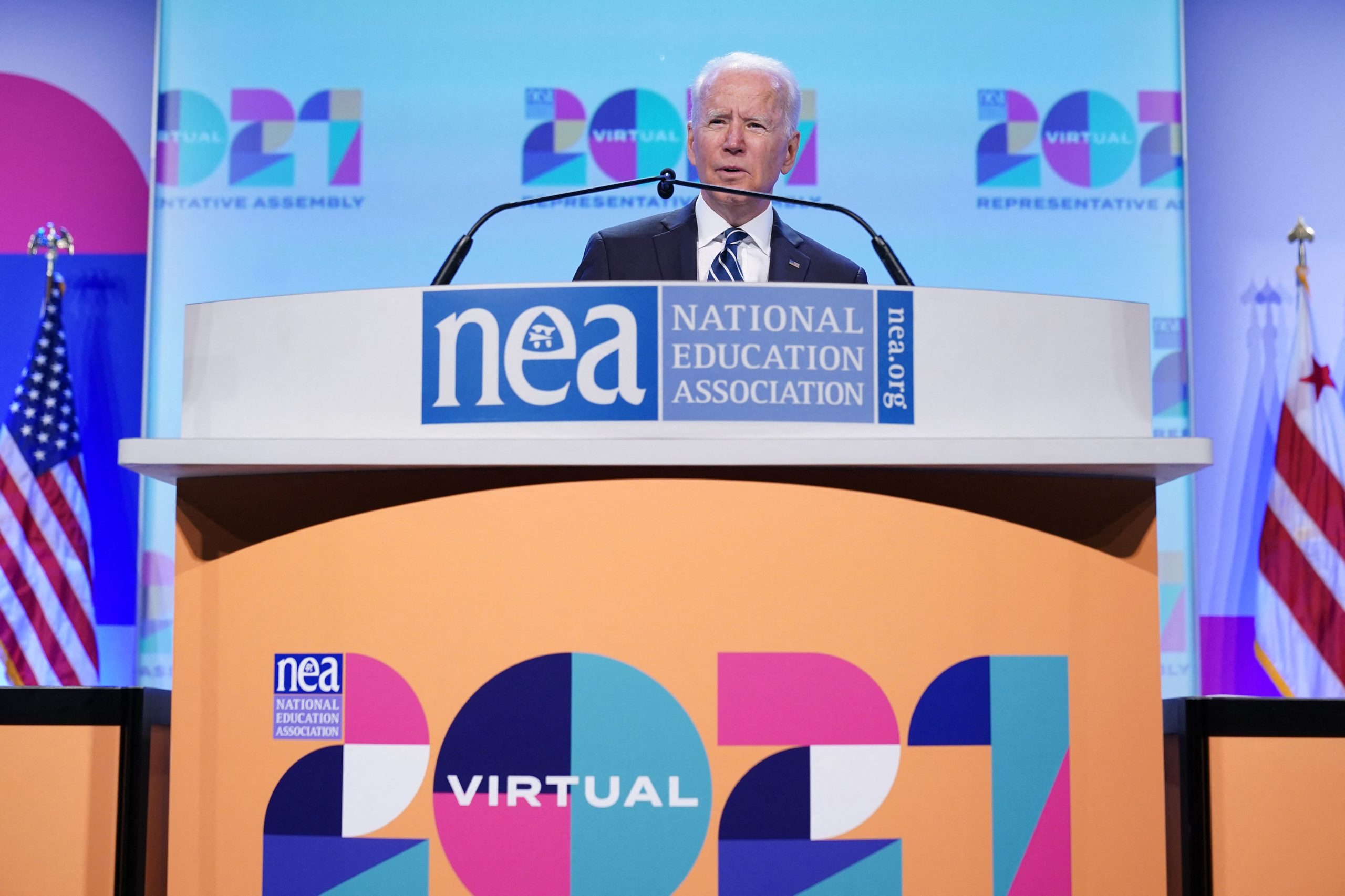 US President Joe Biden addresses the National Education Association's Annual Meeting and Representative Assembly in the Walter E. Washington Convention Center in Washington, DC on July 2, 2021. (Photo by MANDEL NGAN / AFP) (Photo by MANDEL NGAN/AFP via Getty Images)