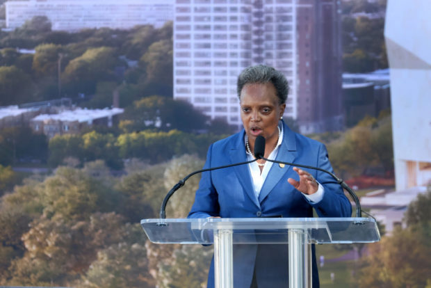 CHICAGO, ILLINOIS - SEPTEMBER 28: Chicago mayor Lori Lightfoot speaks during a ceremonial groundbreaking at the Obama Presidential Center in Jackson Park on September 28, 2021 in Chicago, Illinois. Construction of the center was delayed by a long legal battle undertaken by residents who objected to the center being built in a city park. (Photo by Scott Olson/Getty Images)