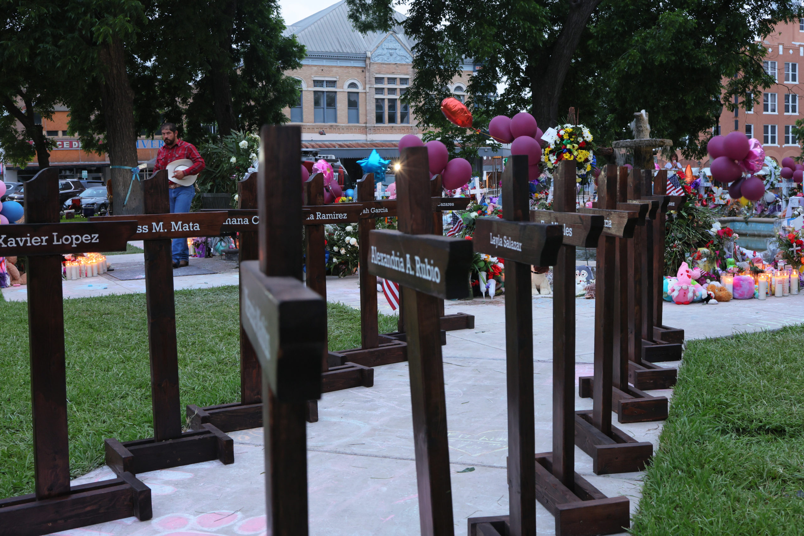 Memorials for the victims of the Robb Elementary School mass shooting are displayed at City of Uvalde Town Square on May 29, 2022 in Uvalde, Texas. 19 children and two adults were killed on May 24th during a mass shooting at Robb Elementary School after man entered the school through an unlocked door and barricaded himself in a classroom where the victims were located. (Photo by Michael M. Santiago/Getty Images)
