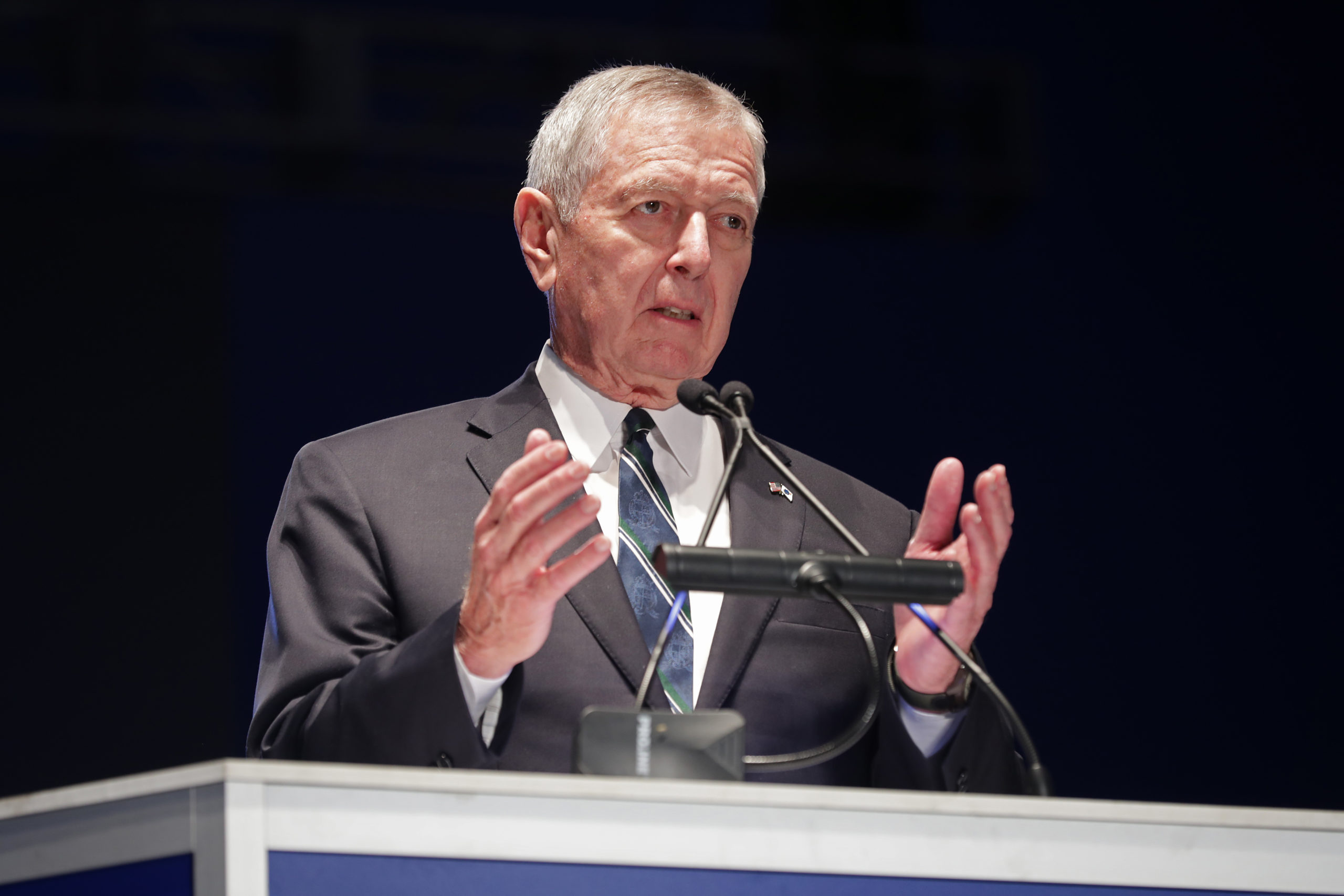 WASHINGTON, DC - MAY 13: Former U.S. Attorney General John Ashcroft delivers remarks during the National Police Week 31st Annual Candlelight Vigil on the National Mall May 13, 2019 in Washington, DC. Thousands of law enforcement officers, their supporters and family members of those officers who have died in the line of duty gathered on the National Mall to remember and honor them. (Photo by Chip Somodevilla/Getty Images)