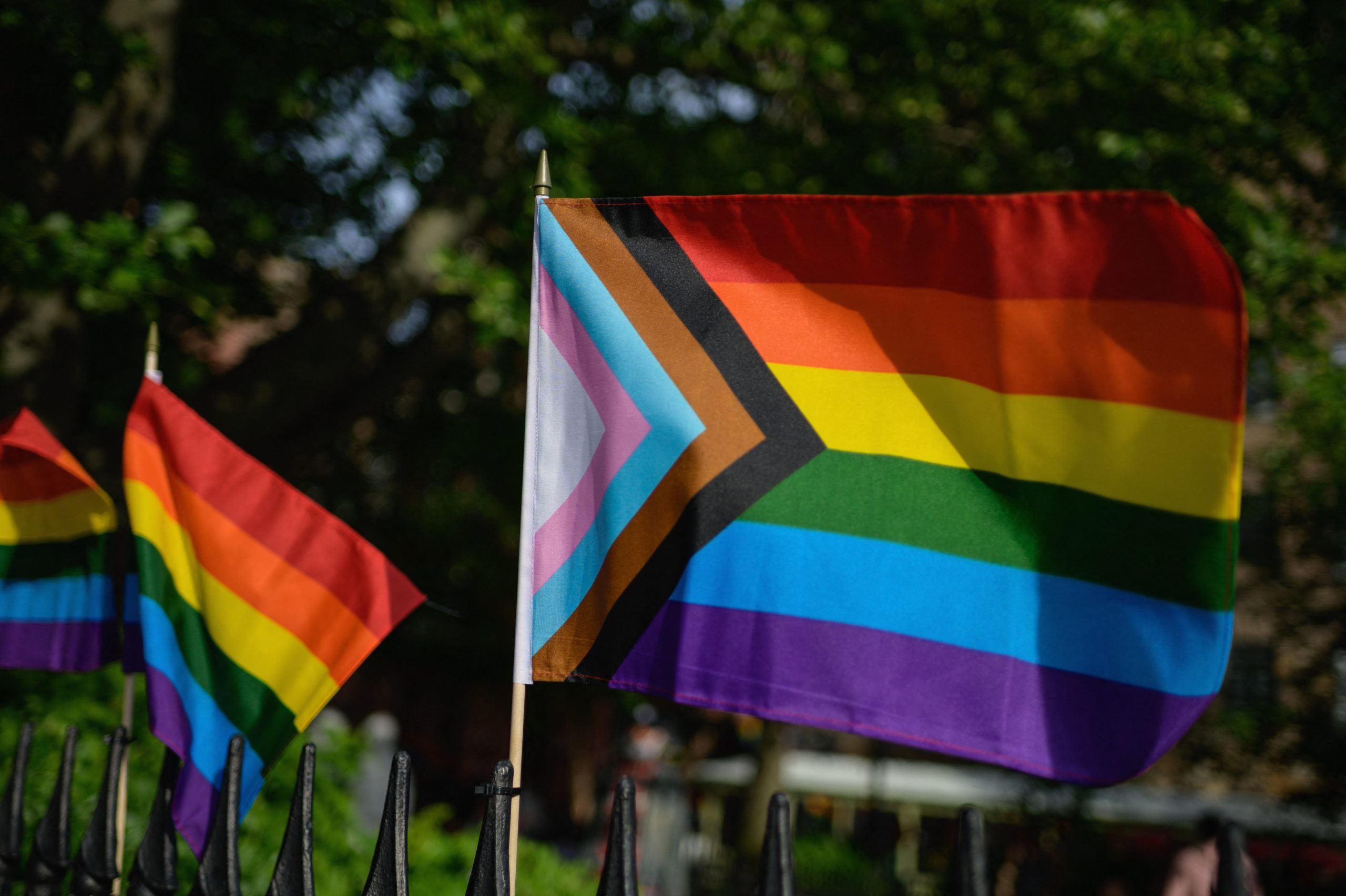 A Progress Pride flag and rainbow flags are seen at the Stonewall National Monument, the first US national monument dedicated to LGBTQ history and rights, marking the birthplace of the modern lesbian, gay, bisexual, transgender, and queer civil rights movement, on June 1, 2020 in New York City. 