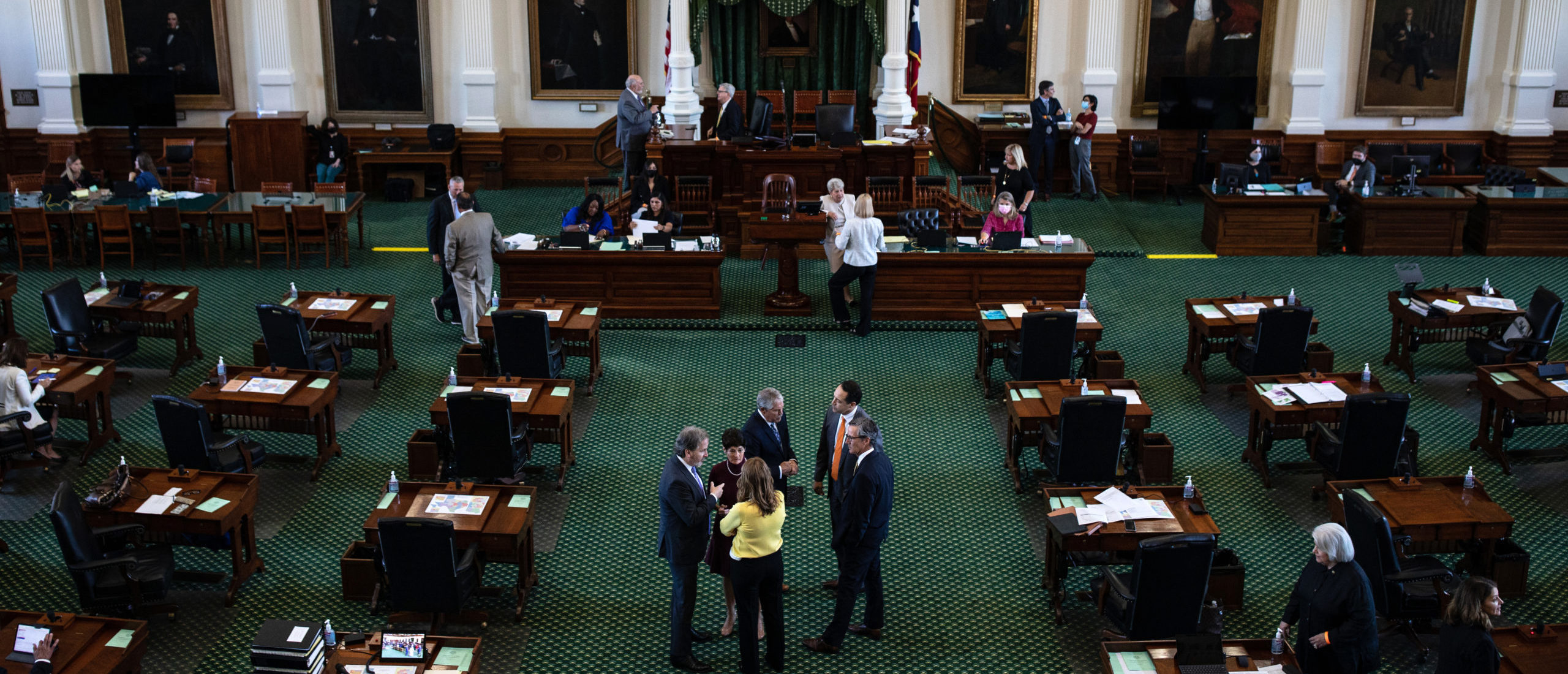 Texas state senators are gathered in the Senate chamber on the first day of the 87th Legislature's third special session at the State Capitol on September 20, 2021 in Austin, Texas.