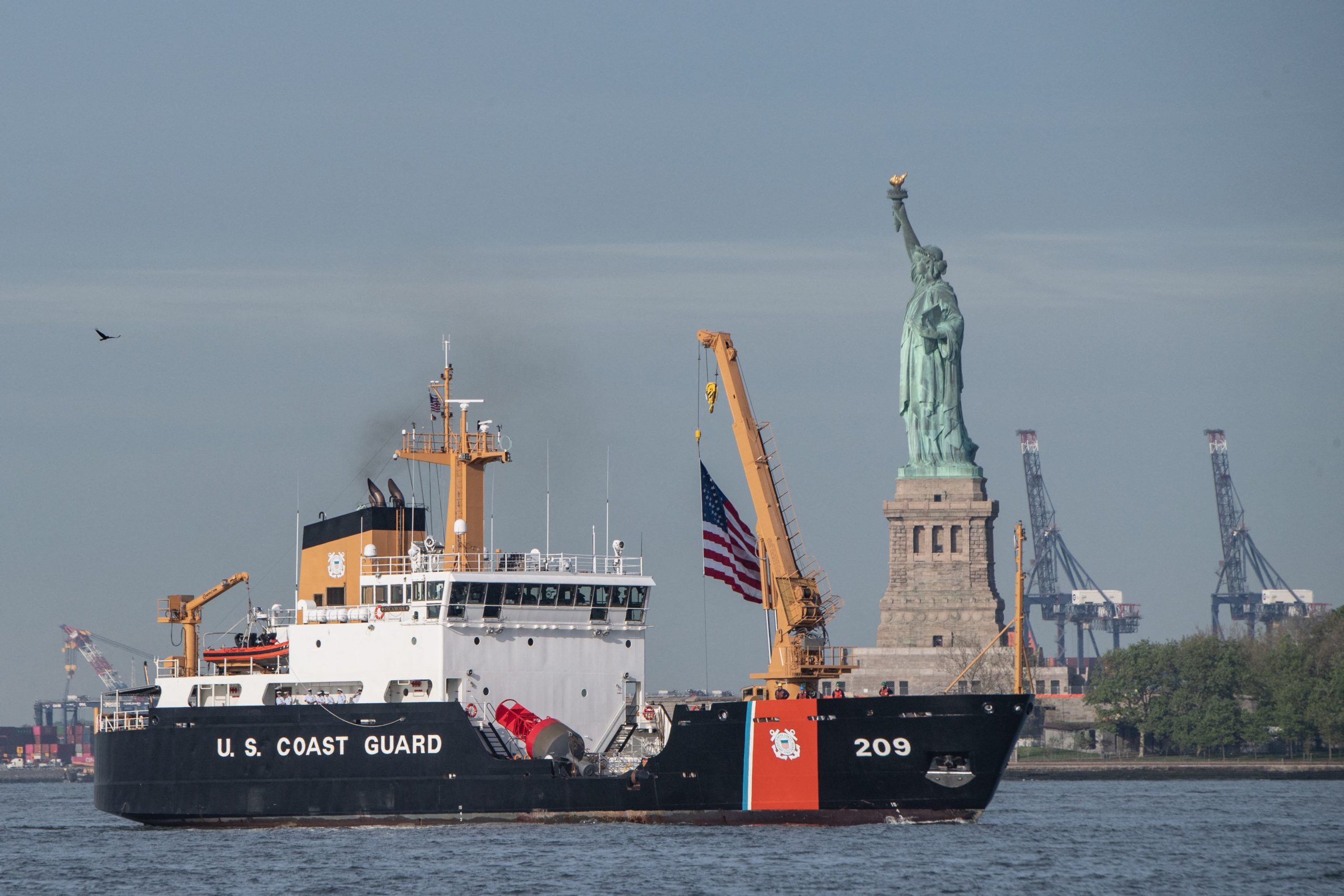 The US Coast Guard ship Sycamore arrives in New York Harbor for Fleet Week on May 25, 2022.