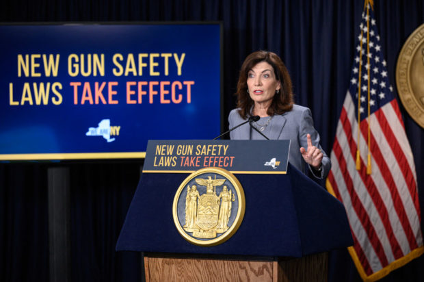 New York governor Kathy Hochul announces new concealed carry gun regulations, at a press conference in New York city on August 31, 2022.  - New York City Mayor Eric Adams announced on Wednesday that the city is launching a plan to educate and inform New Yorkers about new state legislation, going into effect tomorrow, governing concealed carry regulations across the state. (Photo by Ed JONES / AFP) (Photo by ED JONES/AFP via Getty Images)