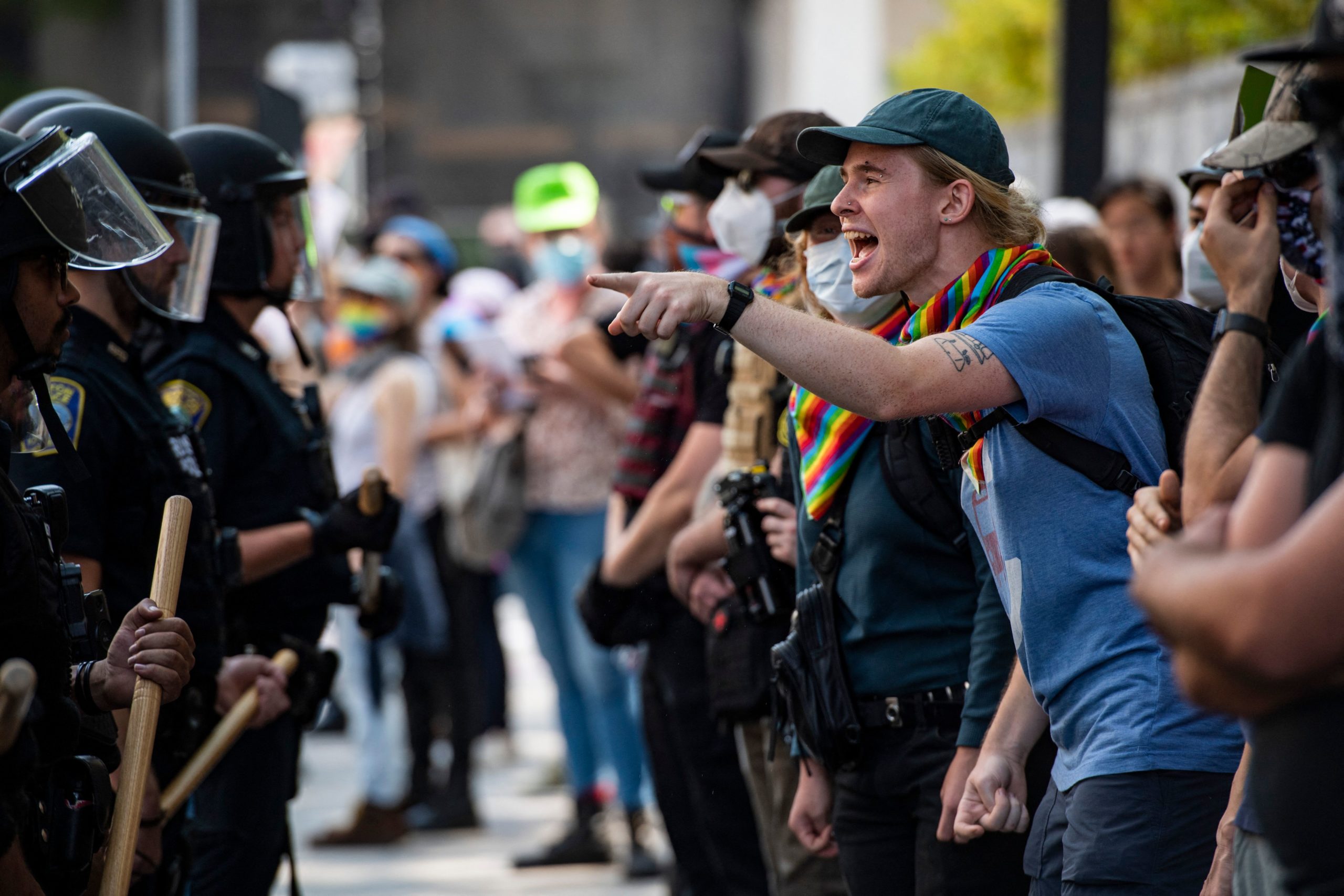 Police form a line in front of demonstrators looking to confront activist Chris Elston outside of Boston Childrens Hospital in Boston, Massachusetts, on September 18, 2022. JOSEPH PREZIOSO/AFP via Getty Images