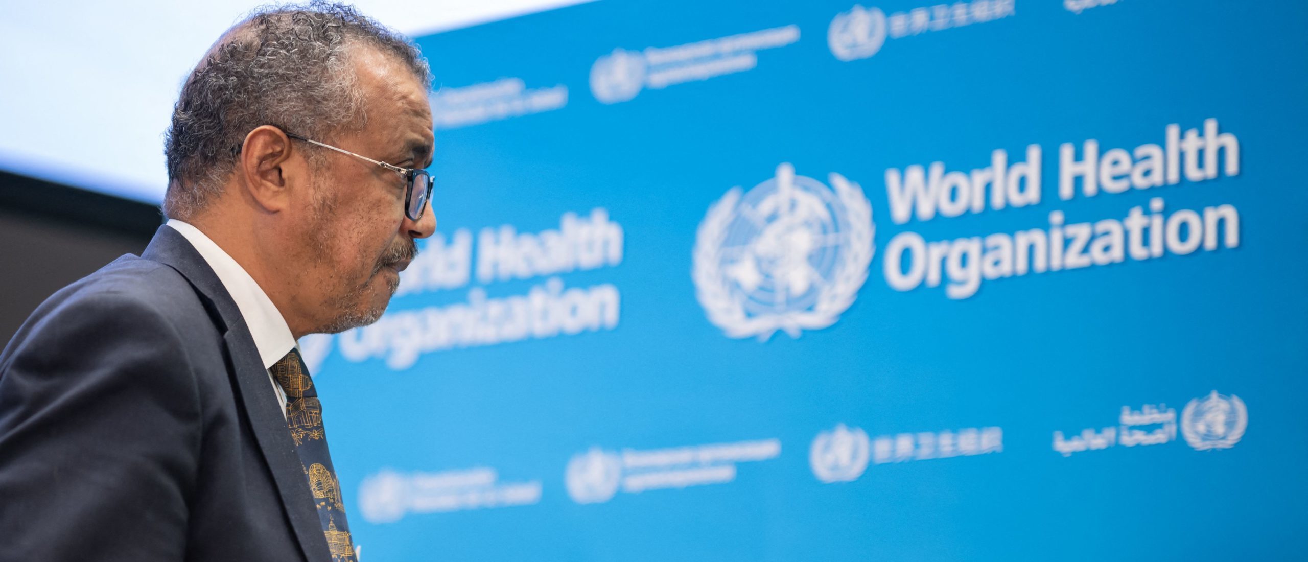 WHO Director-General Tedros Adhanom Ghebreyesus leaves a press conference at the World Health Organization's headquarters in Geneva, on December 14, 2022. (Photo by FABRICE COFFRINI/AFP via Getty Images)