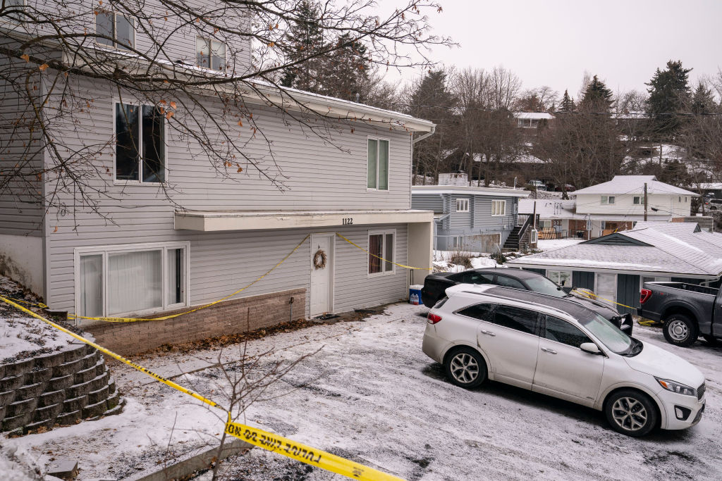MOSCOW, ID - JANUARY 3: Police tape surrounds a home that is the site of a quadruple murder on January 3, 2023 in Moscow, Idaho. (Photo by David Ryder/Getty Images)
