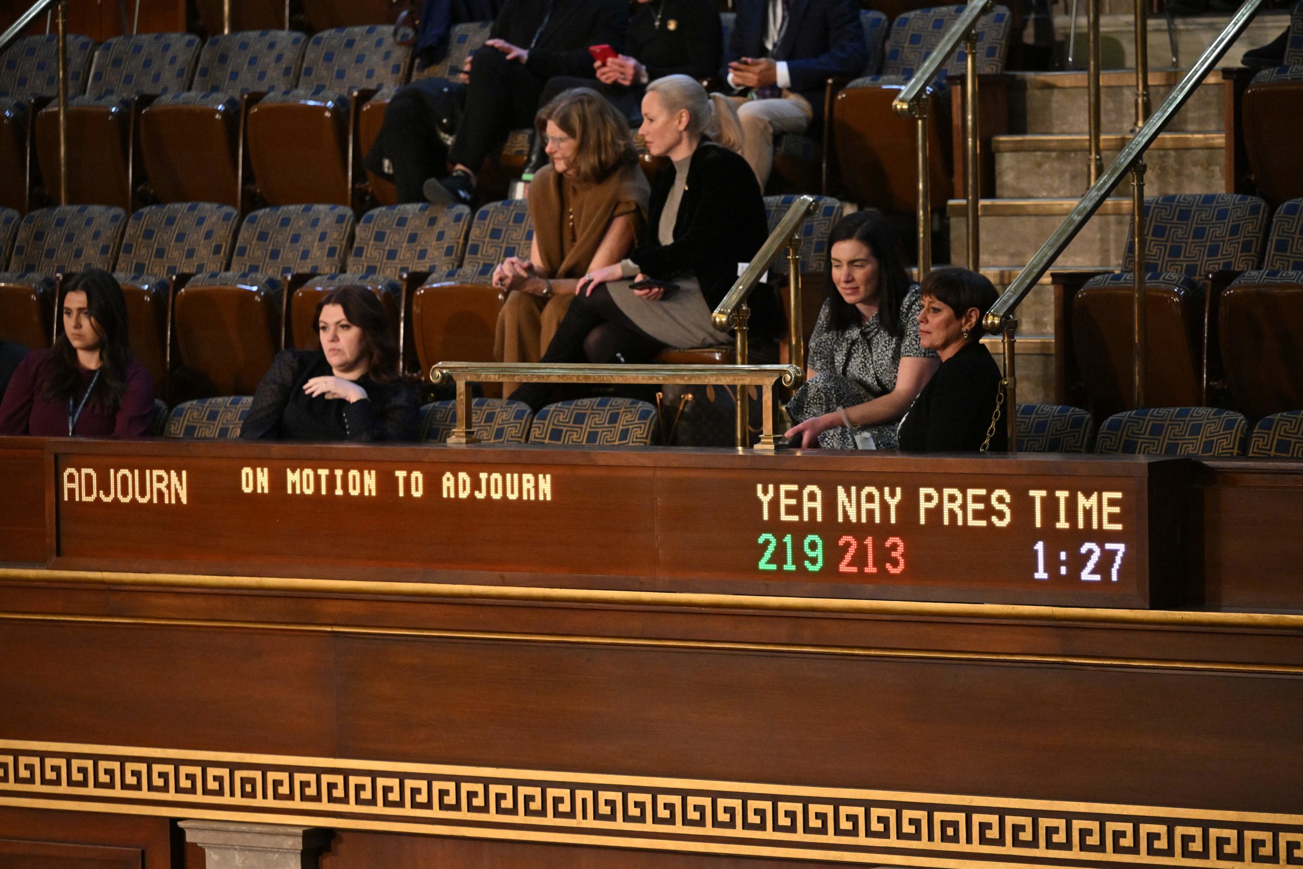 Onlookers watch as a board displays the vote count as members of the House of Representatives vote on a motion to adjourn, at the US Capitol in Washington, DC, on January 5, 2023. (Photo by MANDEL NGAN / AFP) (Photo by MANDEL NGAN/AFP via Getty Images)
