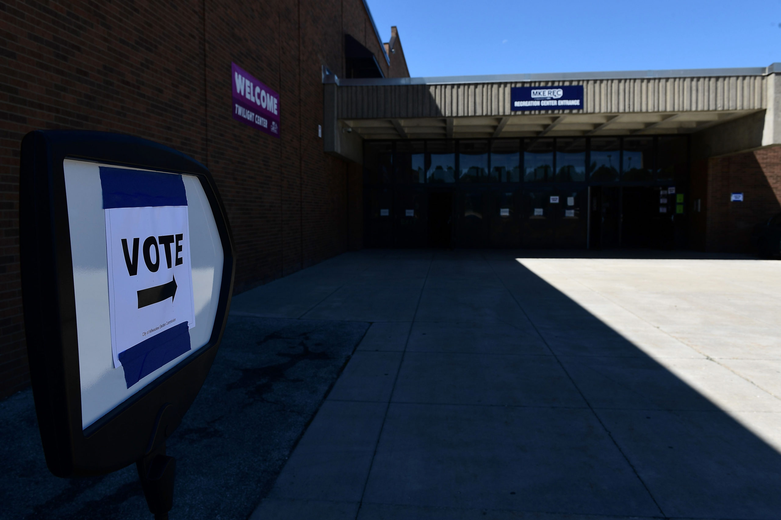 A general view of a voting sign at the South Division High School polling station on August 11, 2020 in Milwaukee, Wisconsin. Residents are casting their votes in the primary for a variety of seats including State Assembly, State Senate and congressional positions. (Photo by Stacy Revere/Getty Images)