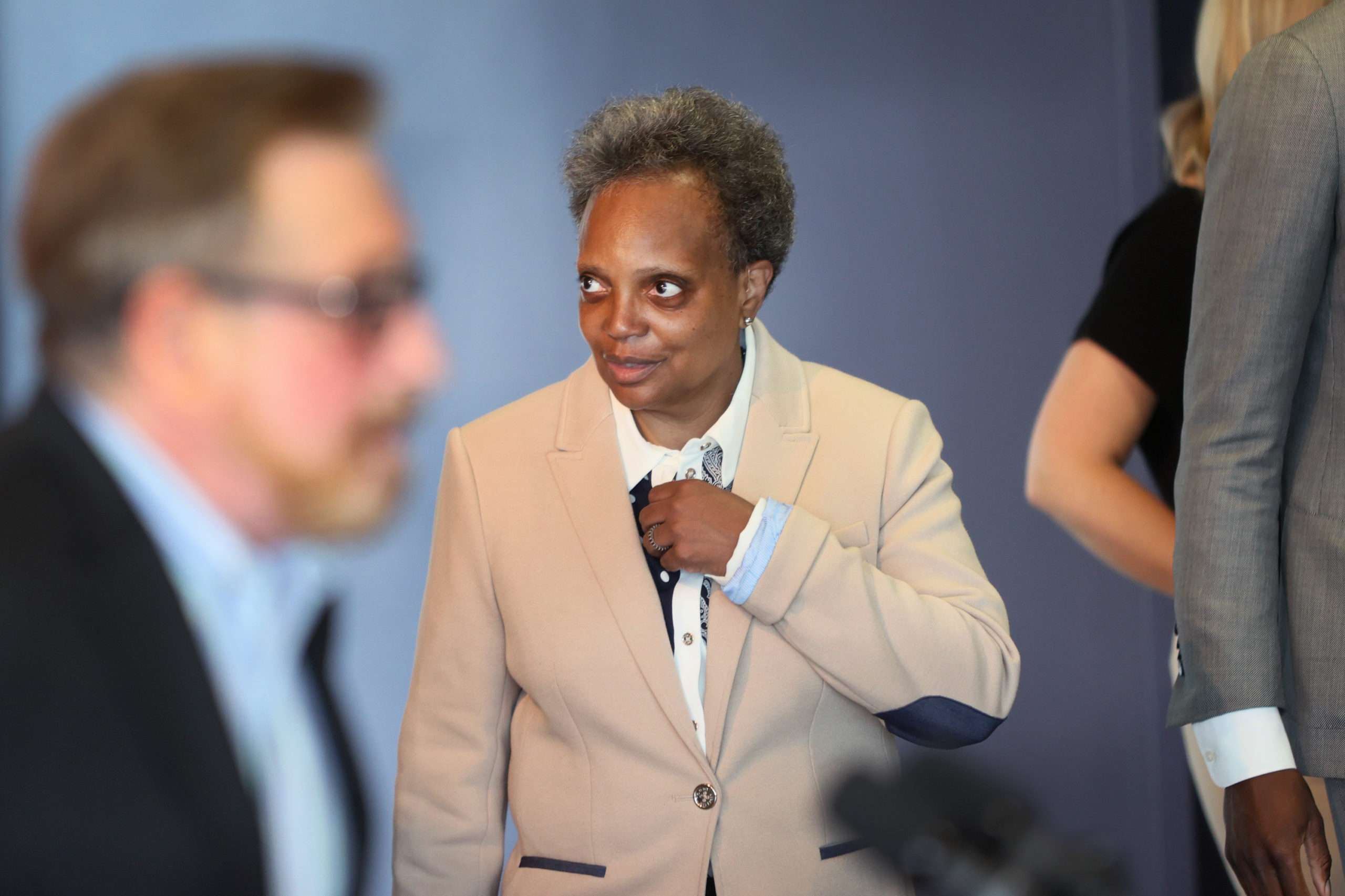 CHICAGO, ILLINOIS - JUNE 07: Chicago Mayor Lori Lightfoot greets guests at an event held to celebrate Pride Month at the Center on Halstead, a lesbian, gay, bisexual, and transgender community center, on (Photo by Scott Olson/Getty Images)