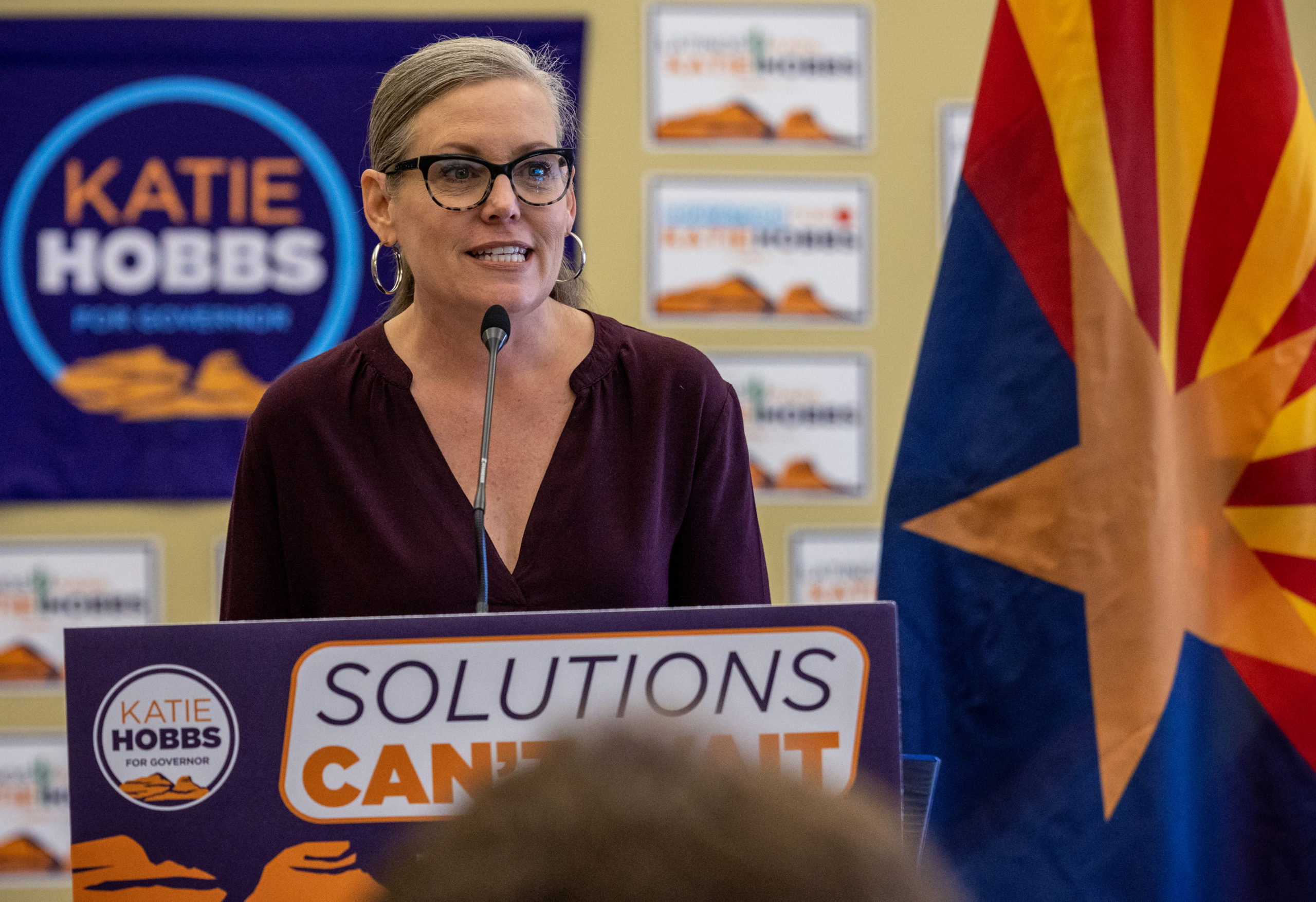 Democratic candidate for Arizona governor Katie Hobbs speaks to supporters at a campaign rally on November 06, 2022 in Tucson, Arizona. With two days remaining before the midterm election, Hobbs is in a tight race with Trump-endorsed Republican candidate Kari Lake. (Photo by John Moore/Getty Images)
