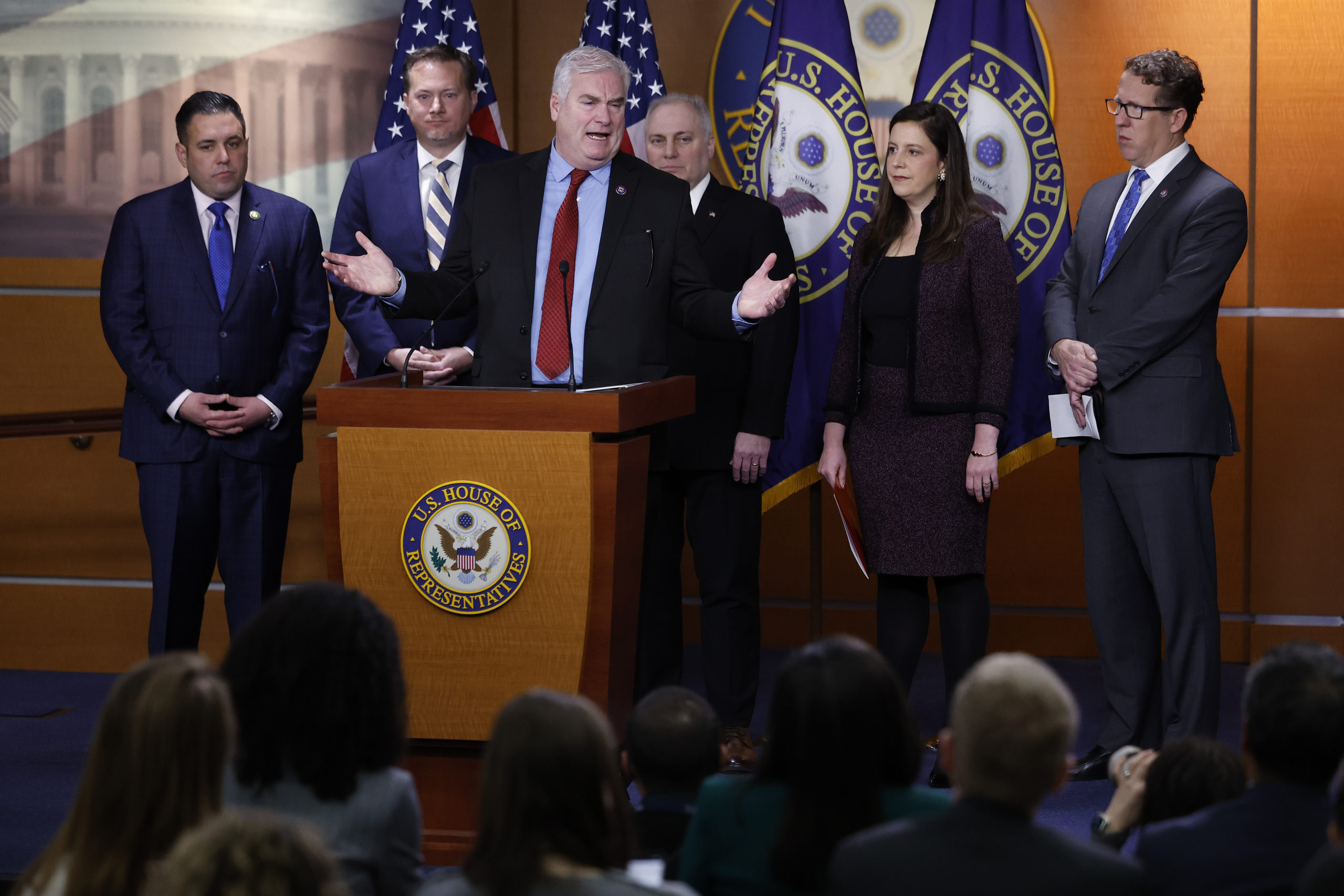 WASHINGTON, DC - JANUARY 10: House Majority Whip Tom Emmer (R-MN) (3rd L) talks during a news conference with (L-R) Rep. Anthony D'Esposito (R-NY), Rep. Michael Cloud (R-LA), House Majority Leader Steve Scalise (R-LA), House Republican Conference Chair Elise Stefanik (R-NY) and Rep. Adrian Smith (R-NE) for a news conference following a GOP caucus meeting at the U.S. Capitol on January 10, 2023 in Washington, DC. House Republicans passed their first bill of the 118th Congress on Monday night, voting along party lines to cut $71 billion from the Internal Revenue Service, which Senate Democrats said they would not take up. (Photo by Chip Somodevilla/Getty Images)