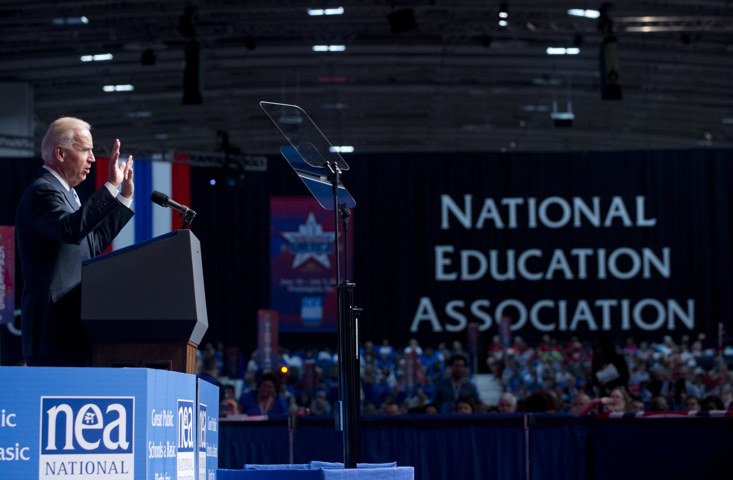 US Vice President Joe Biden speaks during the National Education Association's (NEA) 150th Annual Meeting and 91st Representative Assembly at the Washington Convention Center in Washington, DC, July 3, 2012. AFP PHOTO / Saul LOEB (Photo credit should read SAUL LOEB/AFP/GettyImages)