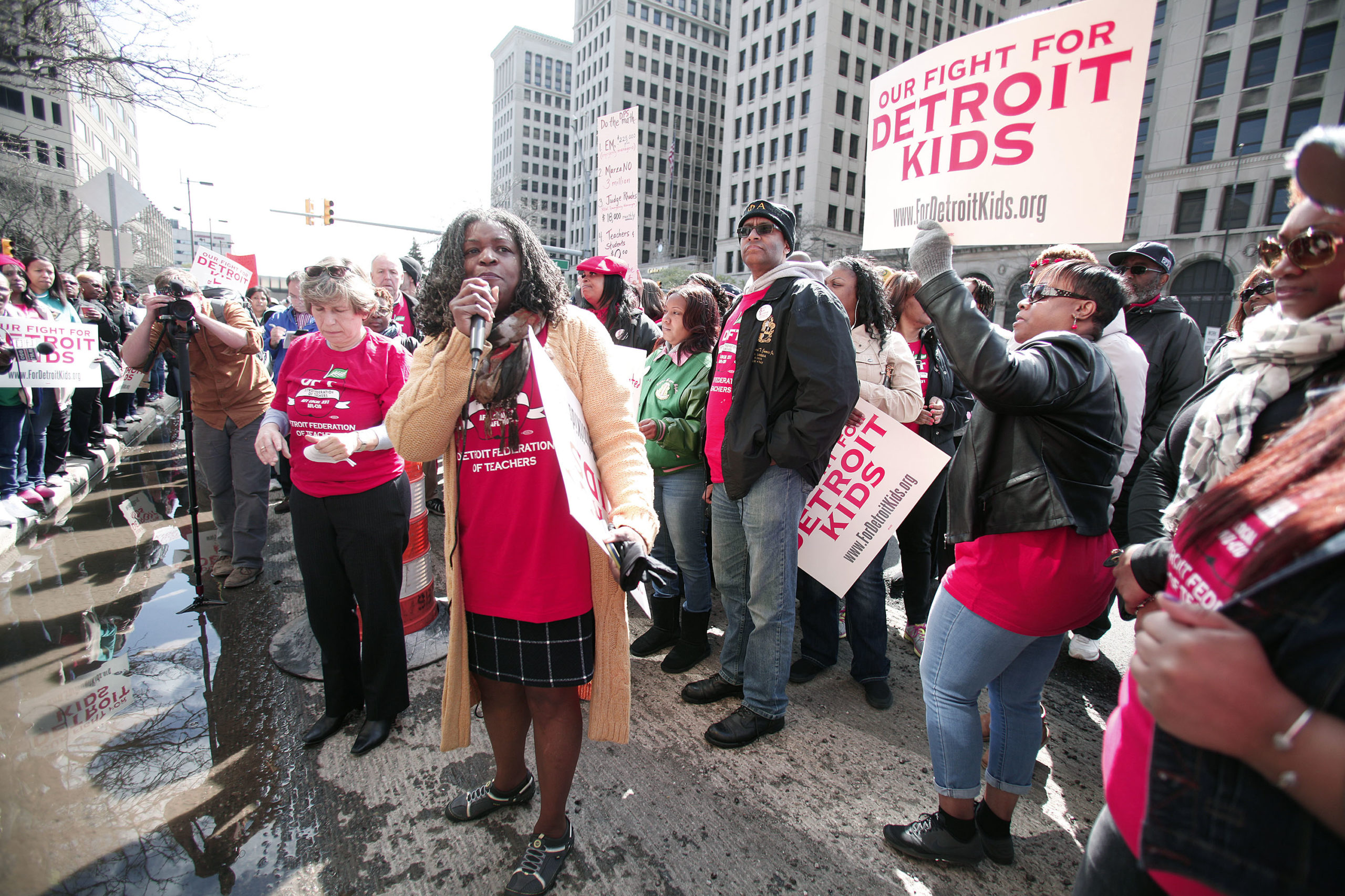Ivy Bailey, interim President of the Detroit Federation of Teachers, participates in a Detroit teachers sick-out, the second in the past two days, and protests in front of Detroit Public Schools headquarters, May 3, 2016 in Detroit, Michigan. The sick-out forced the closing of 94 of 97 Detroit school districts today. The teachers are looking for a guarantee that they will be paid for the work they perform. (Photo by Bill Pugliano/Getty Images)