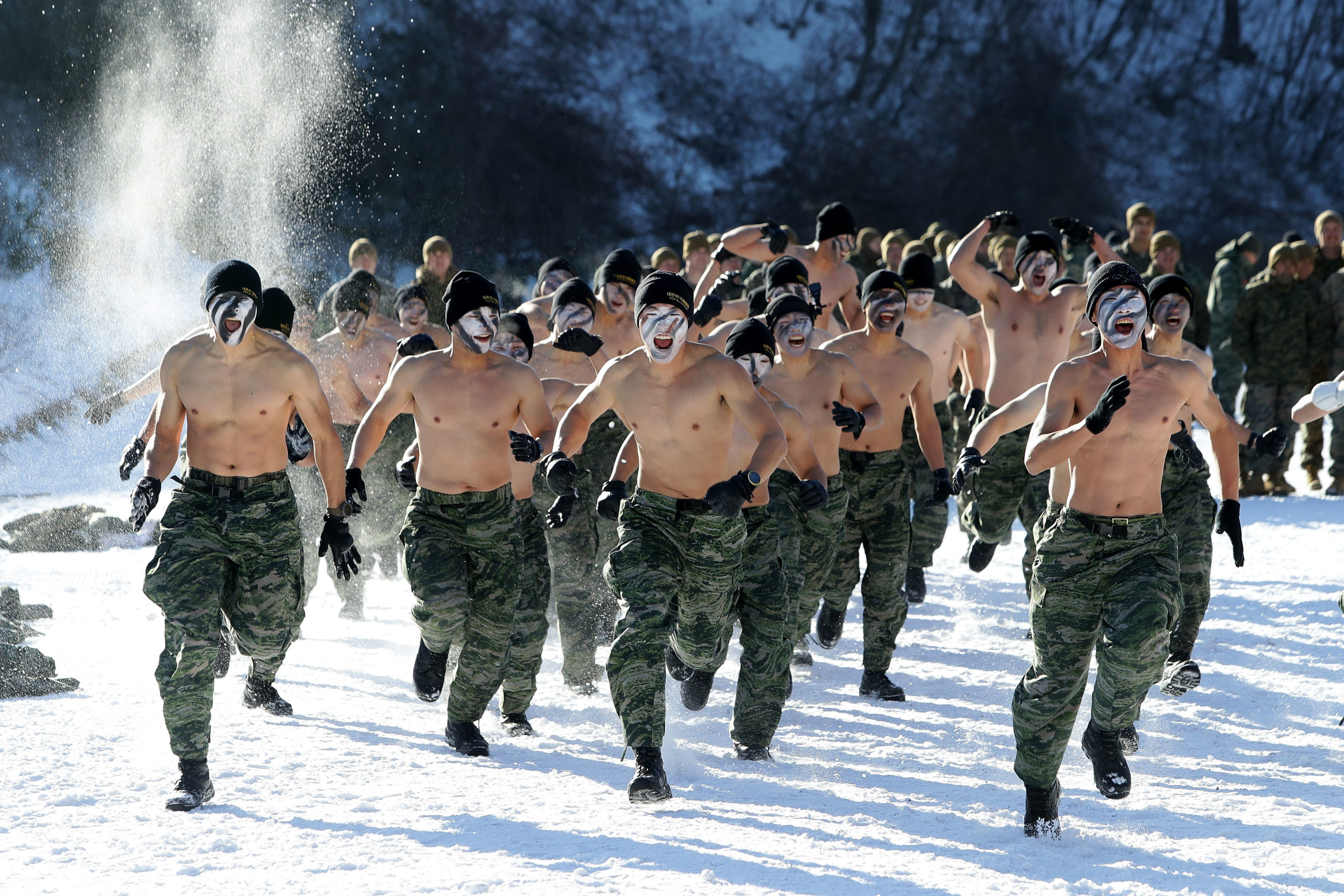 PYEONGCHANG-GUN, SOUTH KOREA - DECEMBER 19: U.S. Marines from 3rd Marine Expeditionary force deployed from Okinawa, Japan, participate in the winter military training exercise with South Korean marine on December 19, 2017 in Pyeongchang-gun, South Korea. U.S. and South Korean marines participate in the endurance exercise in temperature below minus 20 degrees celsius under a scenario to defend the country from any possible attacks from North Korea. 