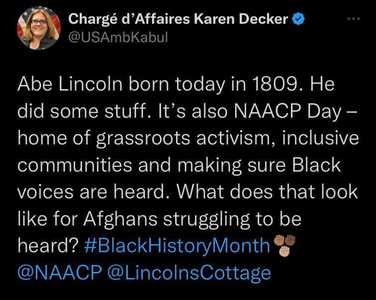 Screenshot of a tweet from Chargé d’Affaires Karen Decker.