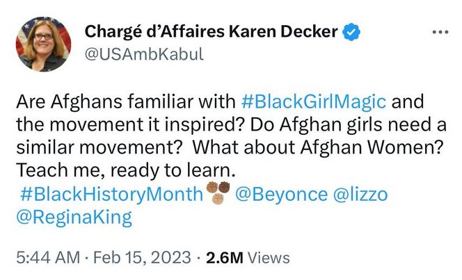Screenshot of a tweet from Chargé d’Affaires Karen Decker.