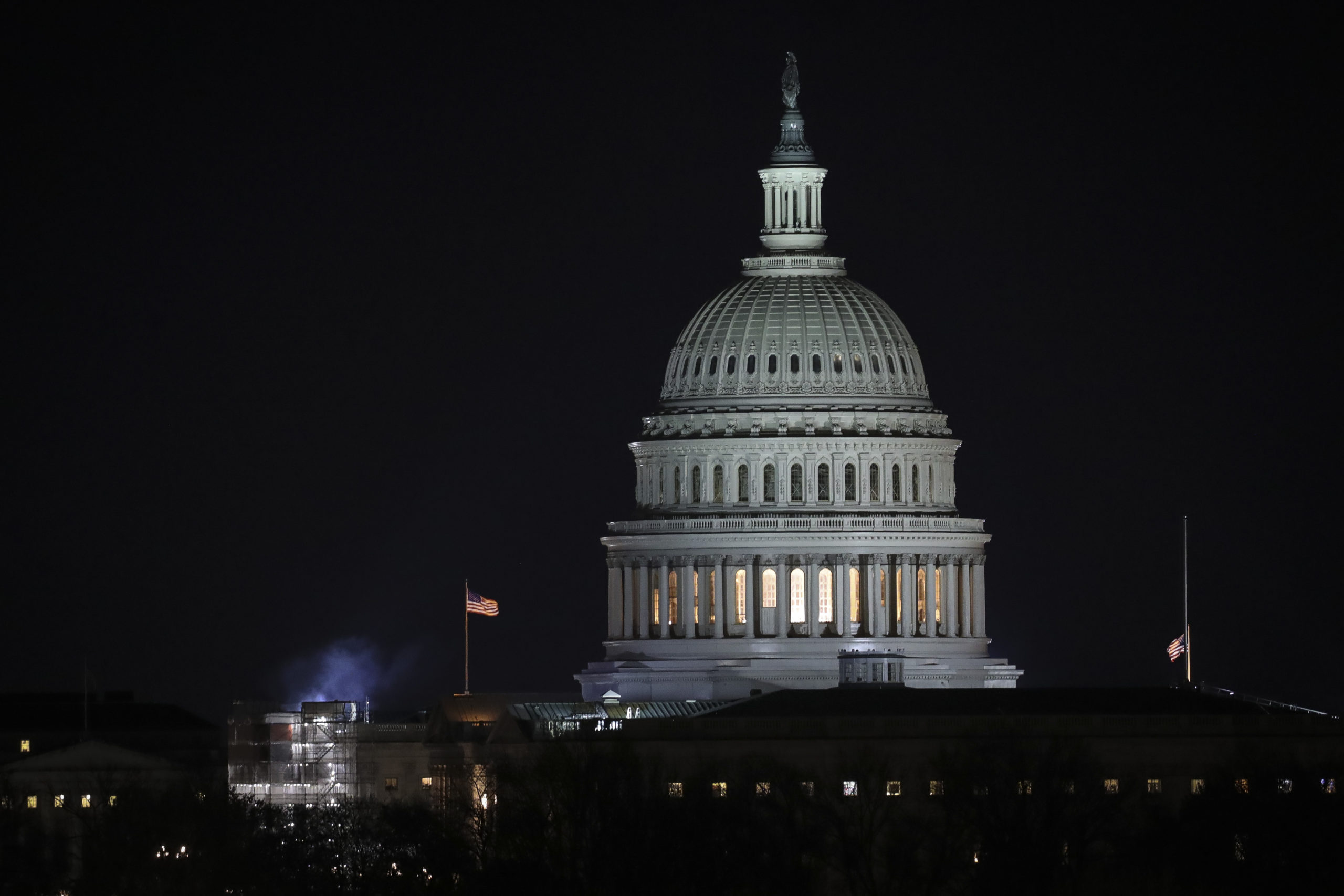 WASHINGTON, DC - DECEMBER 12: The U.S. Capitol dome stands after dark as a House Judiciary Committee markup hearing continues on the articles of impeachment against U.S. President Donald Trump in the Longworth House Office Building on Capitol Hill December 12, 2019 in Washington, DC. The articles of impeachment charge Trump with abuse of power and obstruction of Congress. House Democrats claim that Trump posed a 'clear and present danger' to national security and the 2020 election in his dealings with Ukraine over the past year. (Photo by Drew Angerer/Getty Images)