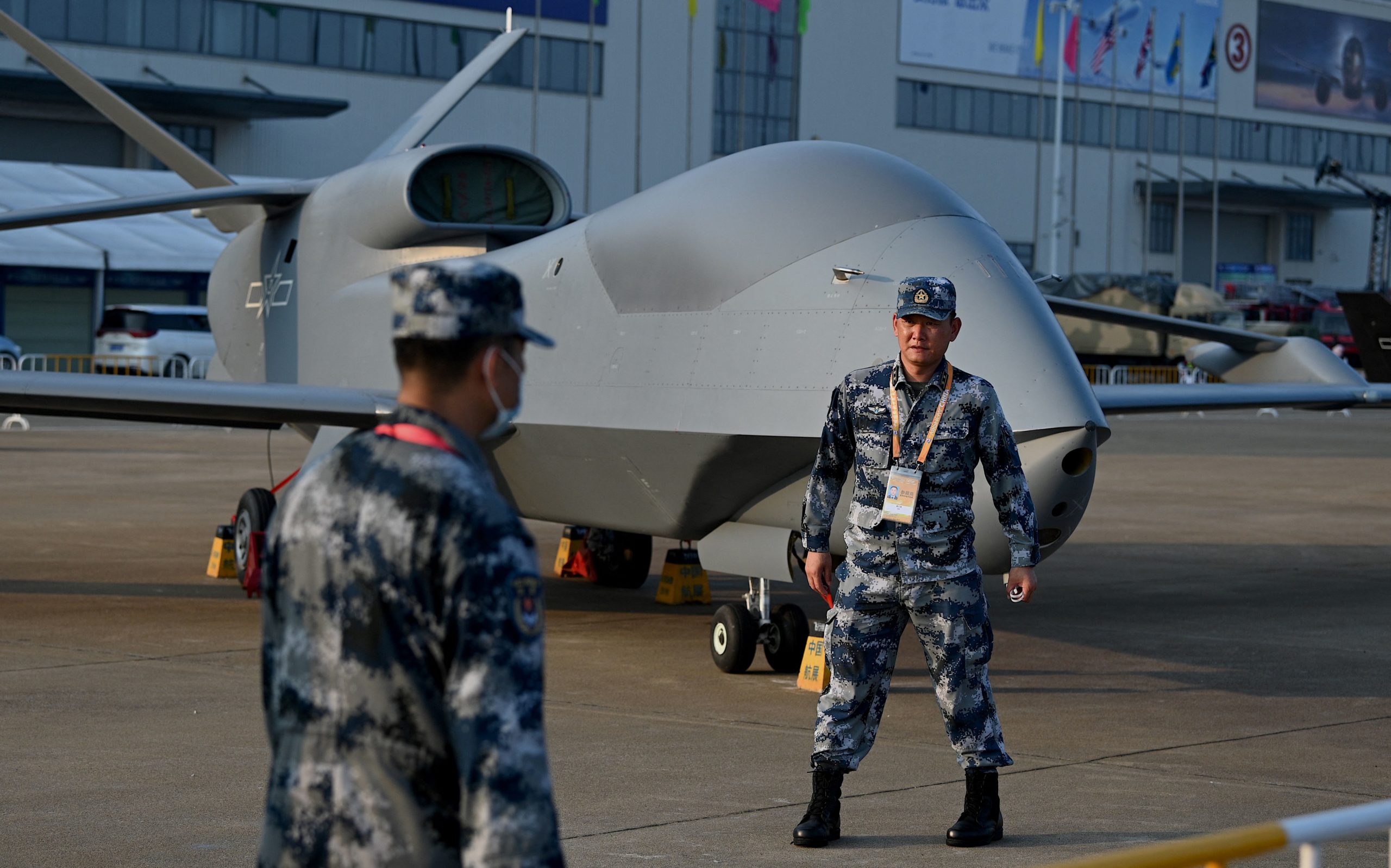 A People's Liberation Army (PLA) Air Force WZ-7 high-altitude reconnaissance drone is seen a day before the 13th China International Aviation and Aerospace Exhibition in Zhuhai in southern China's Guangdong province on September 27, 2021. (Photo by Noel Celis / AFP) (Photo by NOEL CELIS/AFP via Getty Images)
