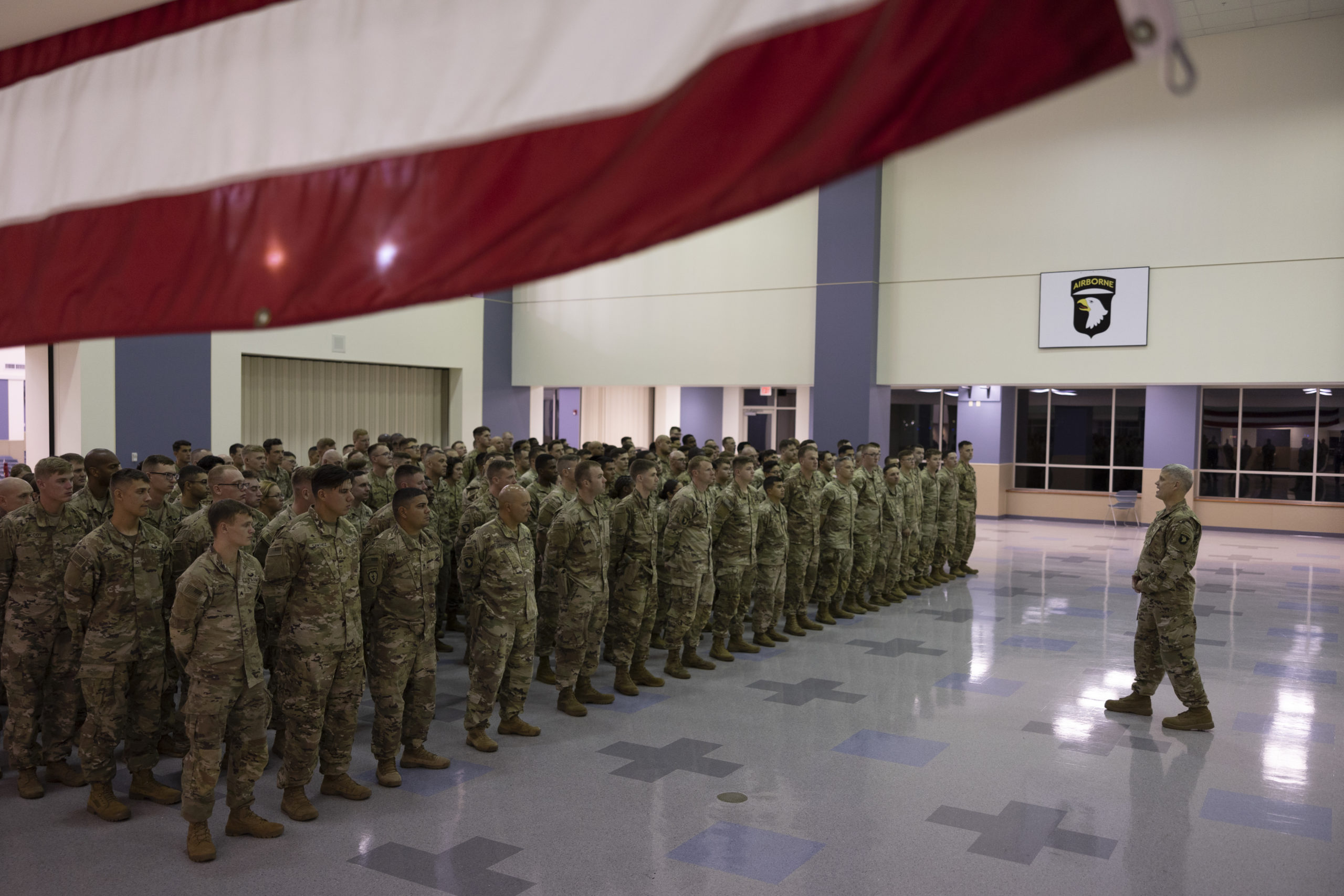 FORT CAMPBELL, KY - JULY 06: U.S. Army Col. Scott D. Wilkinson delivers a message to members of the 2nd Brigade Combat Team of the 101st Airborne Division prior to their departure for Europe on July 6, 2022 in Fort Campbell, Kentucky. 