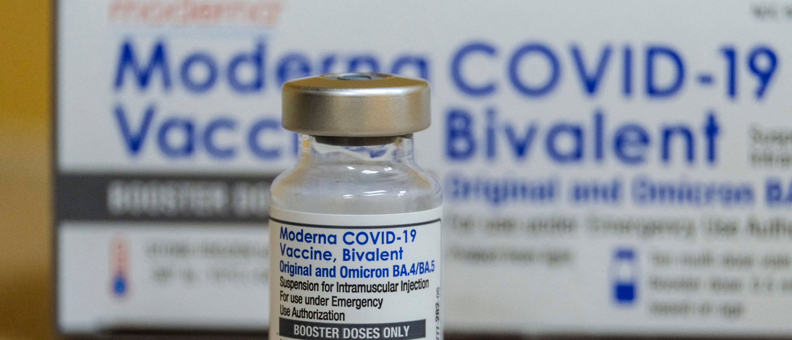 This photo shows a vial of the Moderna Covid-19 vaccine, Bivalent, at AltaMed Medical clinic in Los Angeles, California, on October 6, 2022. (Photo by RINGO CHIU/AFP via Getty Images)