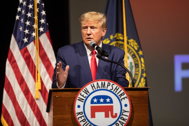 SALEM, NH - JANUARY 28: Former U.S. President Donald Trump speaks at the New Hampshire Republican State Committee's Annual Meeting on January 28, 2023 in Salem, New Hampshire. In his first campaign events since announcing his plans to run for president for a third time, the former President will also be speaking today in South Carolina, both early-voting states. (Photo by Scott Eisen/Getty Images)
