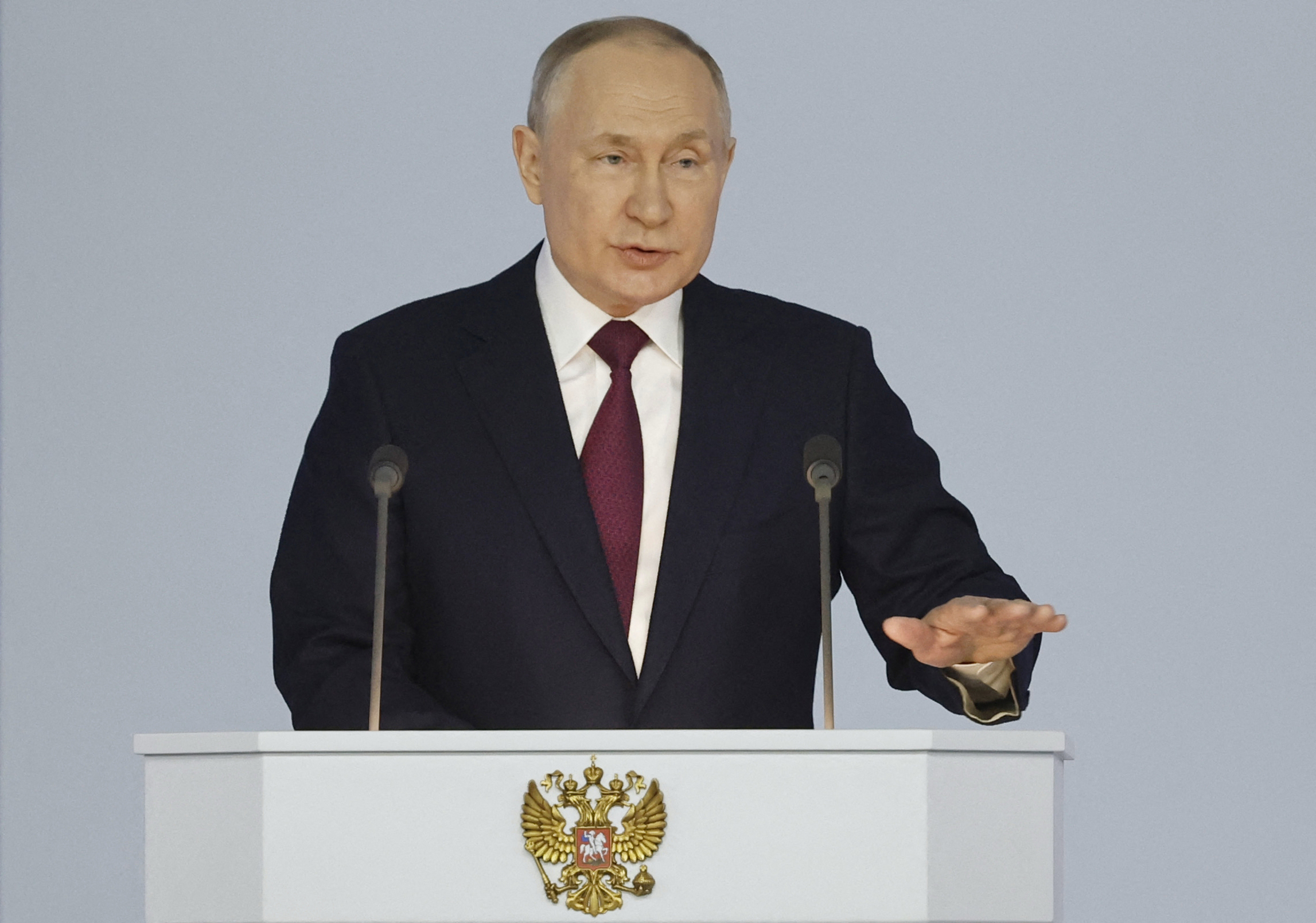 Russian President Vladimir Putin delivers his annual state of the nation address at the Gostiny Dvor conference centre in central Moscow on February 21, 2023. 