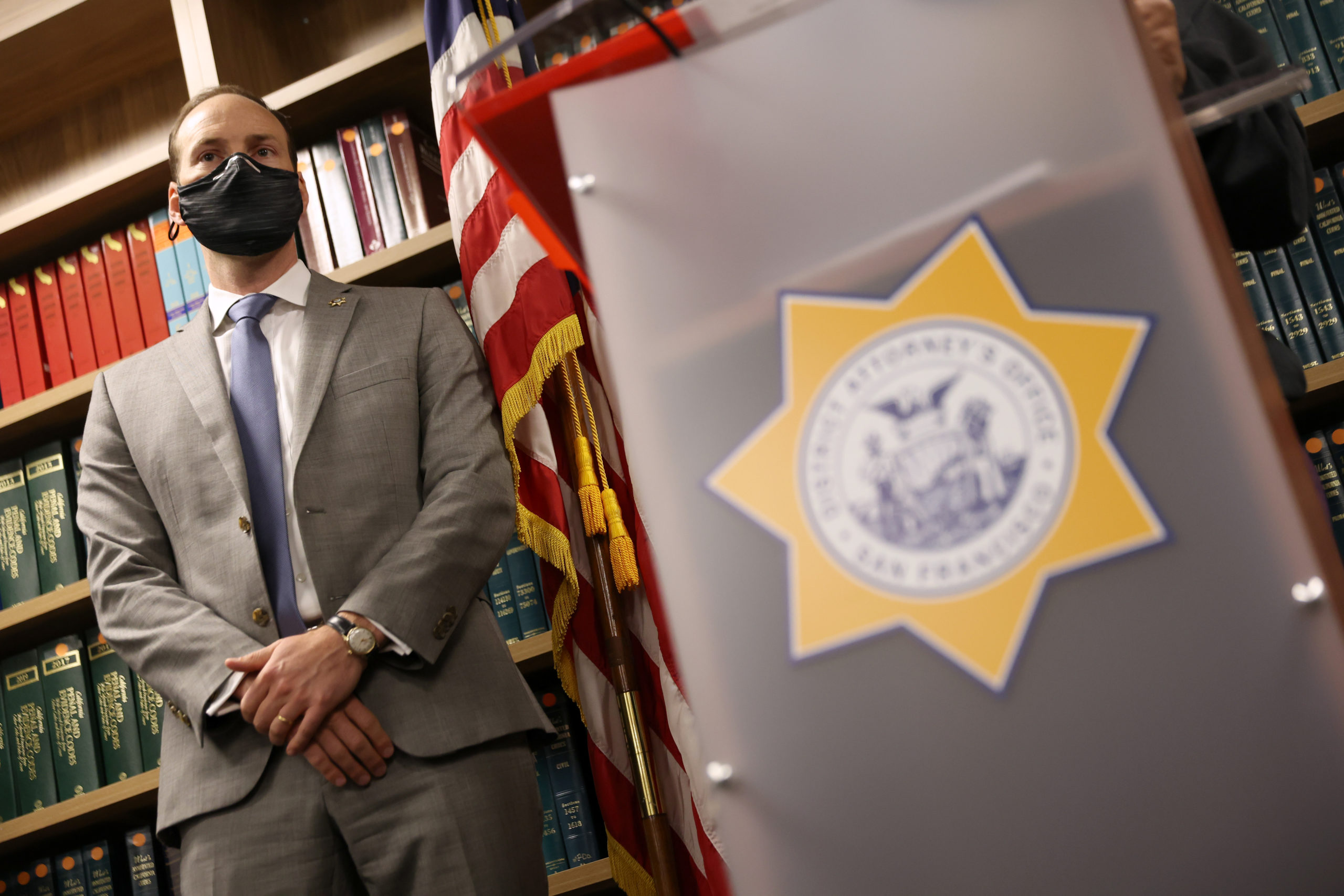 San Francisco District Attorney Chesa Boudin looks on during a press conference at his office on February 15, 2022 in San Francisco, California. San Francisco D.A. Chesa Boudin spoke out against the San Francisco Police Department's practice of logging DNA evidence from rape kits into their crime database to use as evidence in other crimes. (Photo by Justin Sullivan/Getty Images)