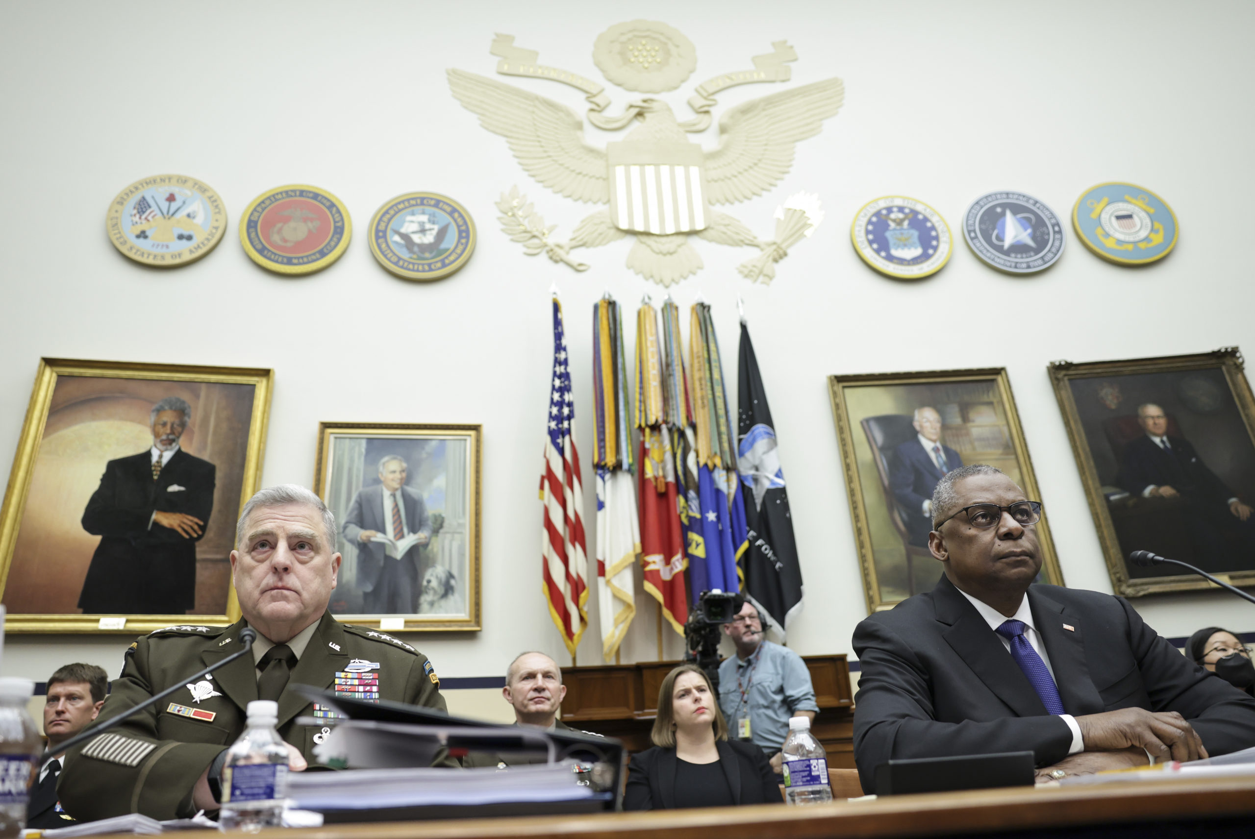 WASHINGTON, DC - APRIL 05: (L-R) Chairman of the Joint Chiefs of Staff Gen. Mark Milley and Secretary of Defense Lloyd Austin testify before the House Armed Services Committee on Capitol Hill, April 5, 2022 in Washington, DC. The Committee held a hearing on the Defense Department's fiscal year 2023 budget request.