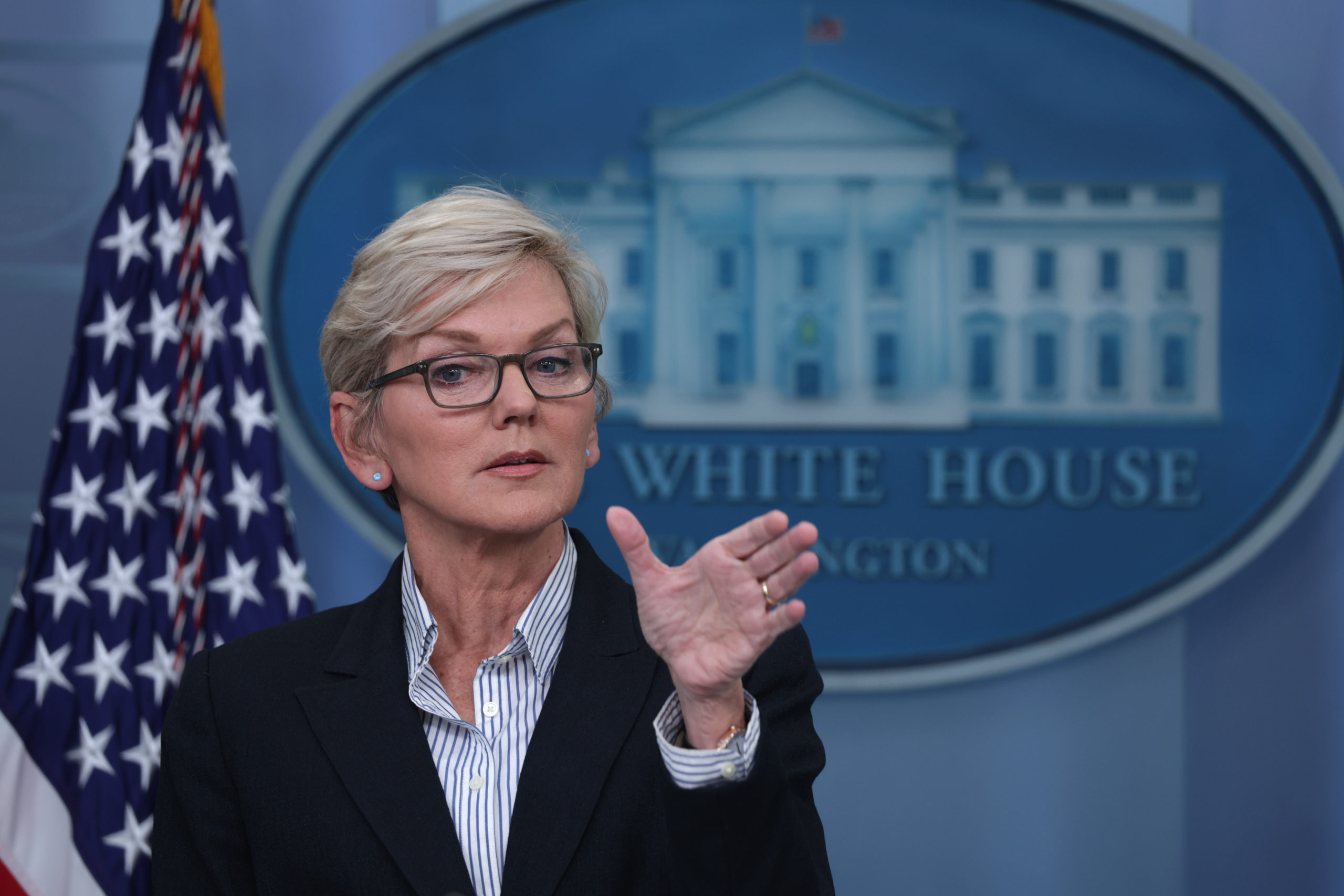 WASHINGTON, DC - JANUARY 23: U.S. Secretary of Energy Jennifer Granholm speaks during a daily news briefing at the James S. Brady Press Briefing Room of the White House on January 23, 2023 in Washington, DC. White Press Secretary Karine Jean-Pierre held a daily news briefing to answer questions from members of the press. (Photo by Alex Wong/Getty Images)