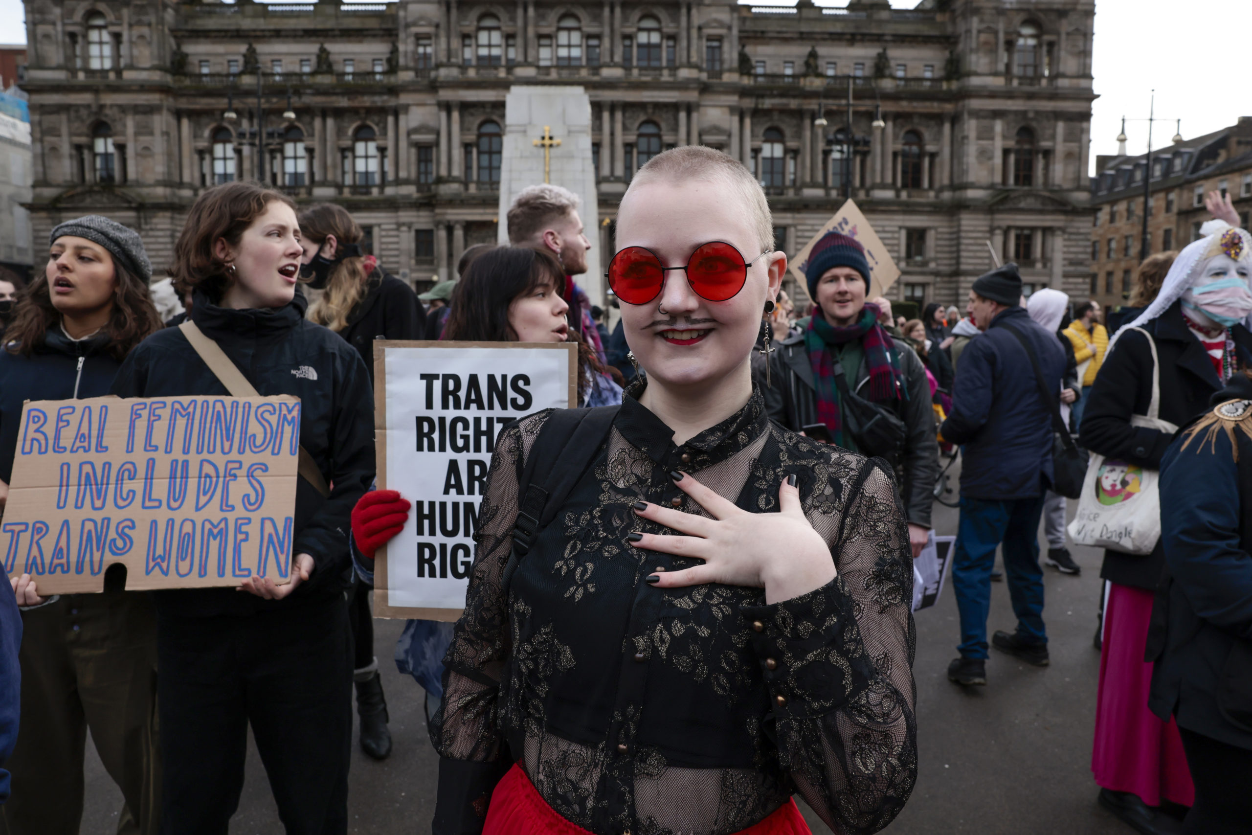 GLASGOW, SCOTLAND - FEBRUARY 05: Members of the public counterprotest against a Standing for Women event attended by anti-transgender-rights activist Kellie-Jay Keen on February 05, 2023 in Glasgow, Scotland. (Photo by Jeff J Mitchell/Getty Images)