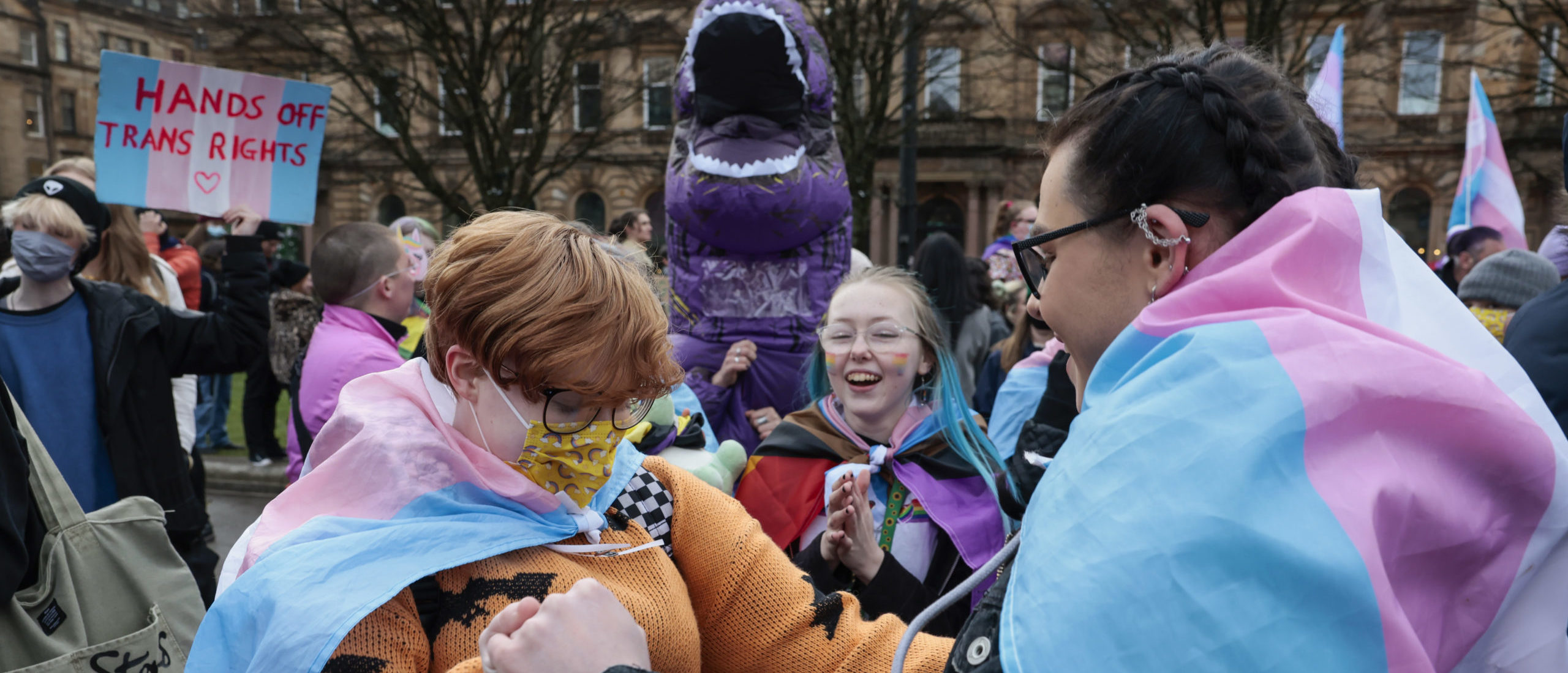 GLASGOW, SCOTLAND - FEBRUARY 05: Members of the public counterprotest against a Standing for Women event attended by anti-transgender-rights activist Kellie-Jay Keen on February 05, 2023 in Glasgow, Scotland. (Photo by Jeff J Mitchell/Getty Images)