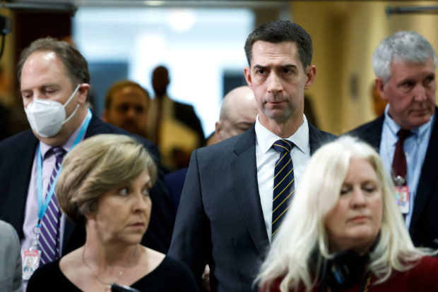 WASHINGTON, DC - FEBRUARY 14: Sen. Tom Cotton (R-AK) speaks with reporters after attending a closed-door, classified briefing for Senators at U.S. Capitol Building on February 14, 2023 in Washington, DC. Officials from the Department of Defense and the intelligence community briefed senators after the U.S. military shot down four objects in North American airspace within eight days, including one government officials said was a Chinese surveillance balloon. Members of Congress are demanding more information from the Biden Administration. (Photo by Anna Moneymaker/Getty Images)