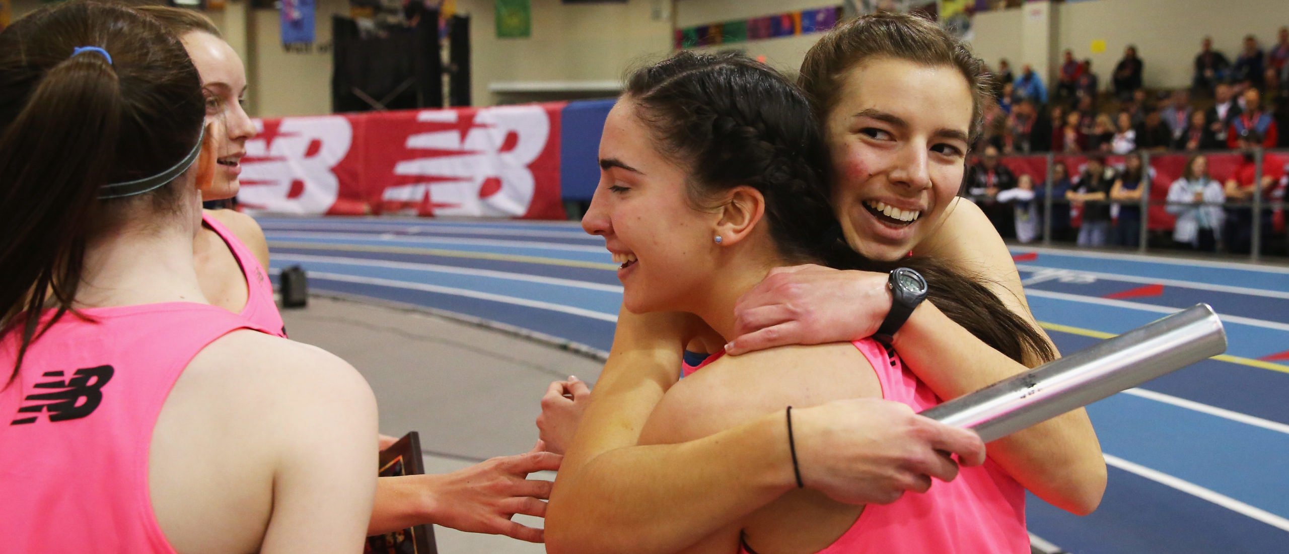 Members of the Concord-Carlisle high school team celebrate after winning the Girls' Sprint Medley Relay during the New Balance Indoor Grand Prix at Reggie Lewis Center on February 14, 2016 in Boston, Massachusetts. (Photo by Maddie Meyer/Getty Images)