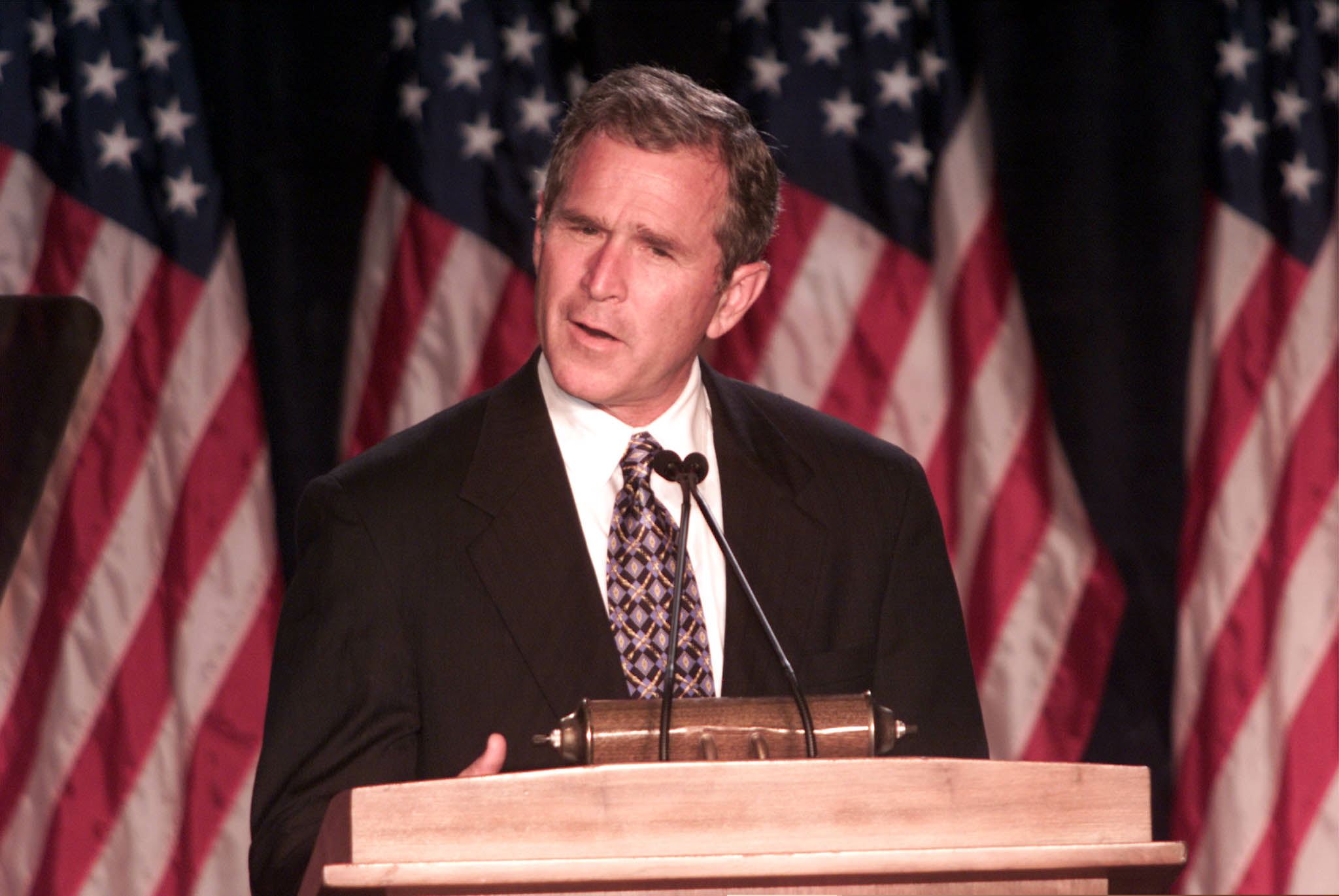 CHARLESTON, SC - SEPTEMBER 23: Texas Governor and presidential candidate George W. Bush delivers his address on the military to cadets and others at the General Mark Clark building at The Citadel in Georgetown, South Carolina on 23 September, 1999. (JOHN ALTHOUSE/AFP via Getty Images)