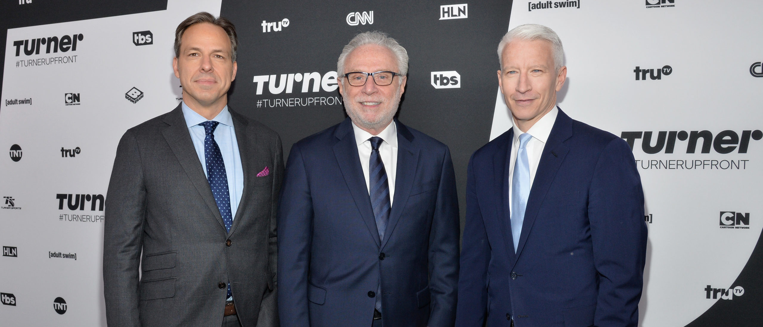 NEW YORK, NY - MAY 18: (L-R) Journalists Jake Tapper, Wolf Blitzer, and Anderson Cooper attend the Turner Upfront 2016 at Nick & Stef's Steakhouse on May 18, 2016 in New York City. (Photo by Slaven Vlasic/Getty Images)